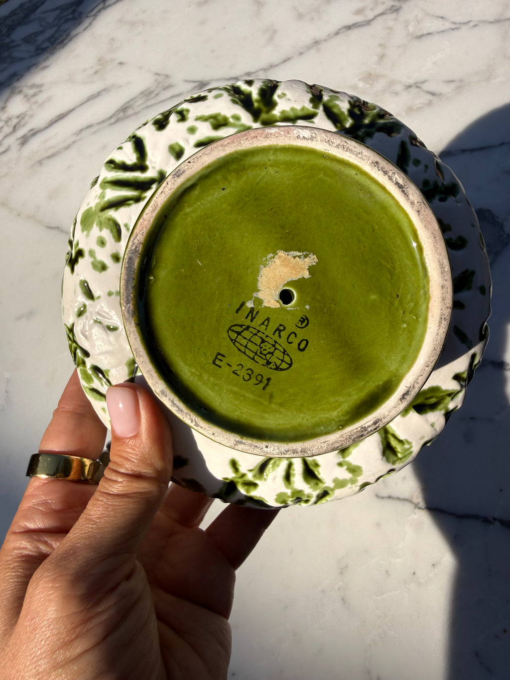 MCM Inarco Ceramic Footed Compote Bowl - Green Starburst Pattern, Japan E-2391