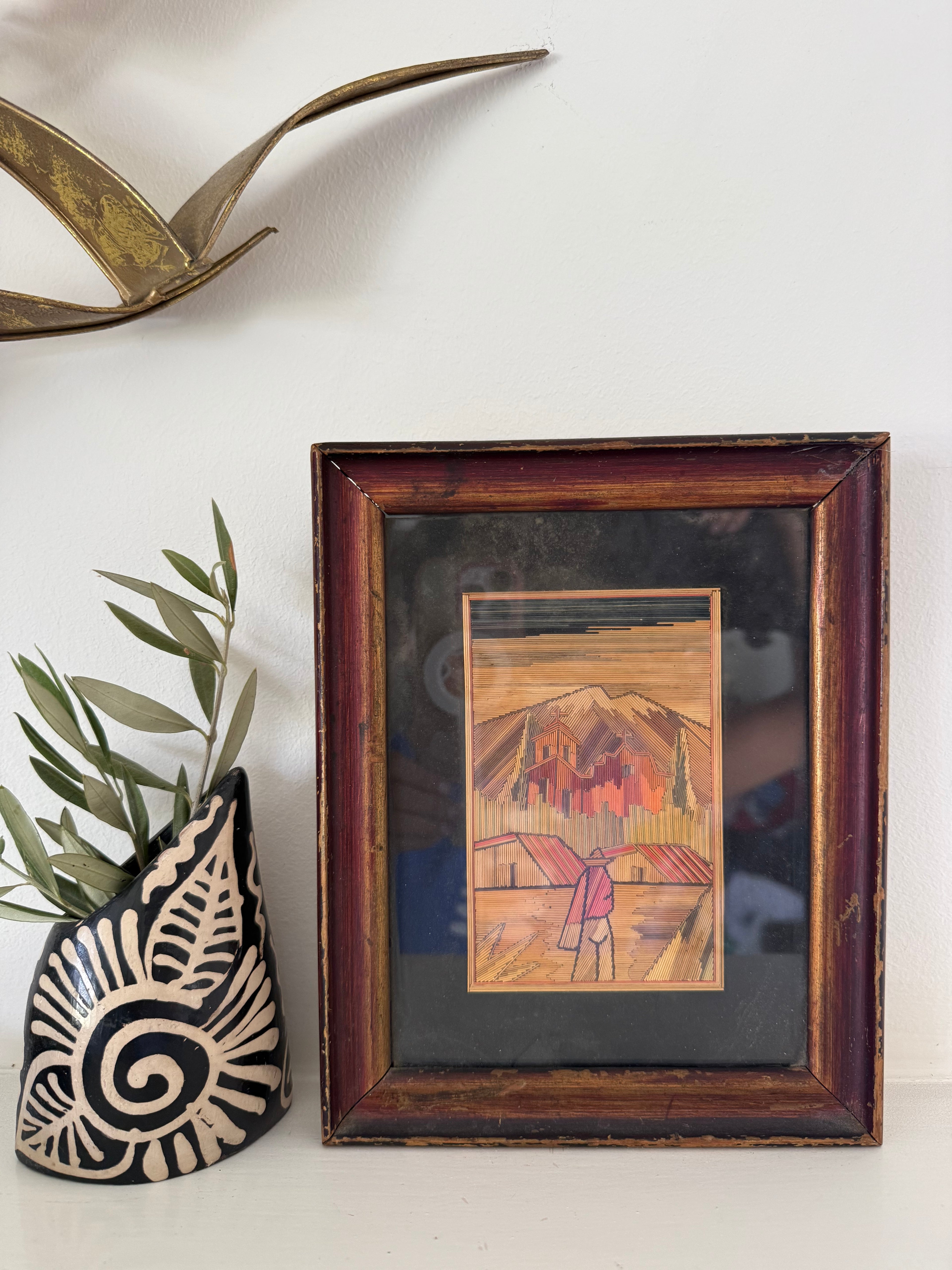Vintage Mexican Popotillo Straw Art Framed 9.5 x 7.5 1960py)