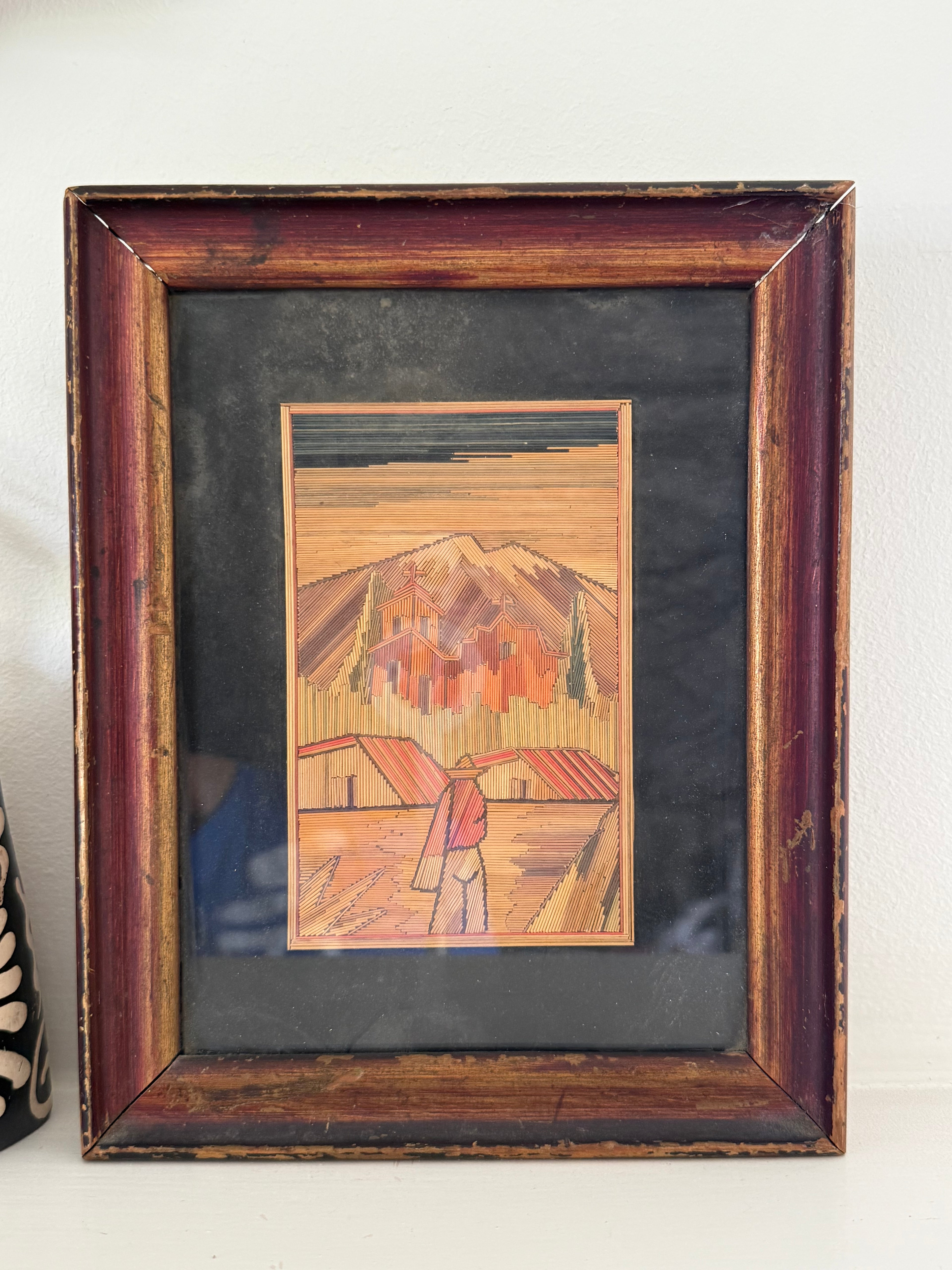 Vintage Mexican Popotillo Straw Art Framed 9.5 x 7.5 1960py)
