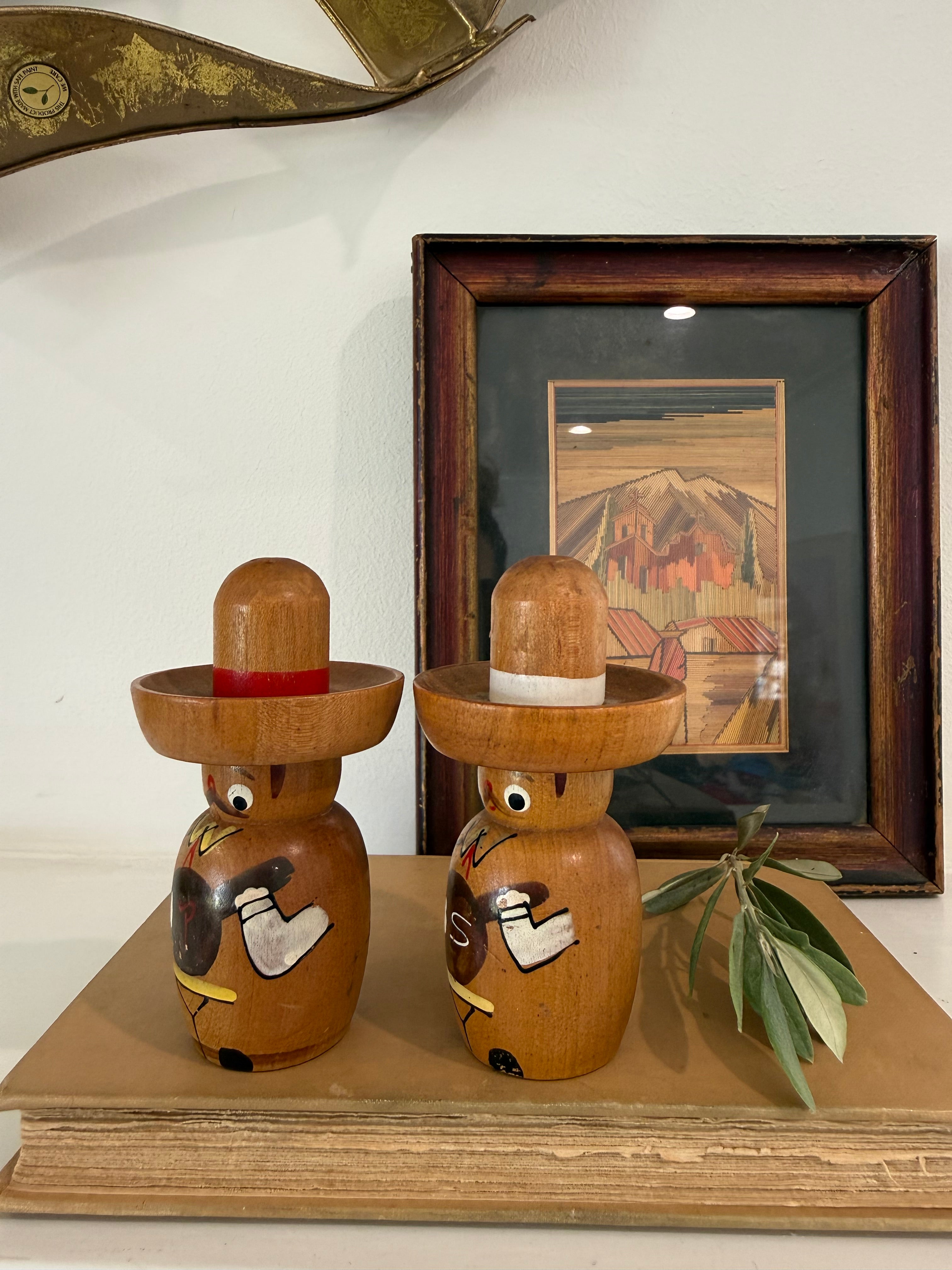 Vintage Wooden Mariachi Singer Salt and Pepper Shakers