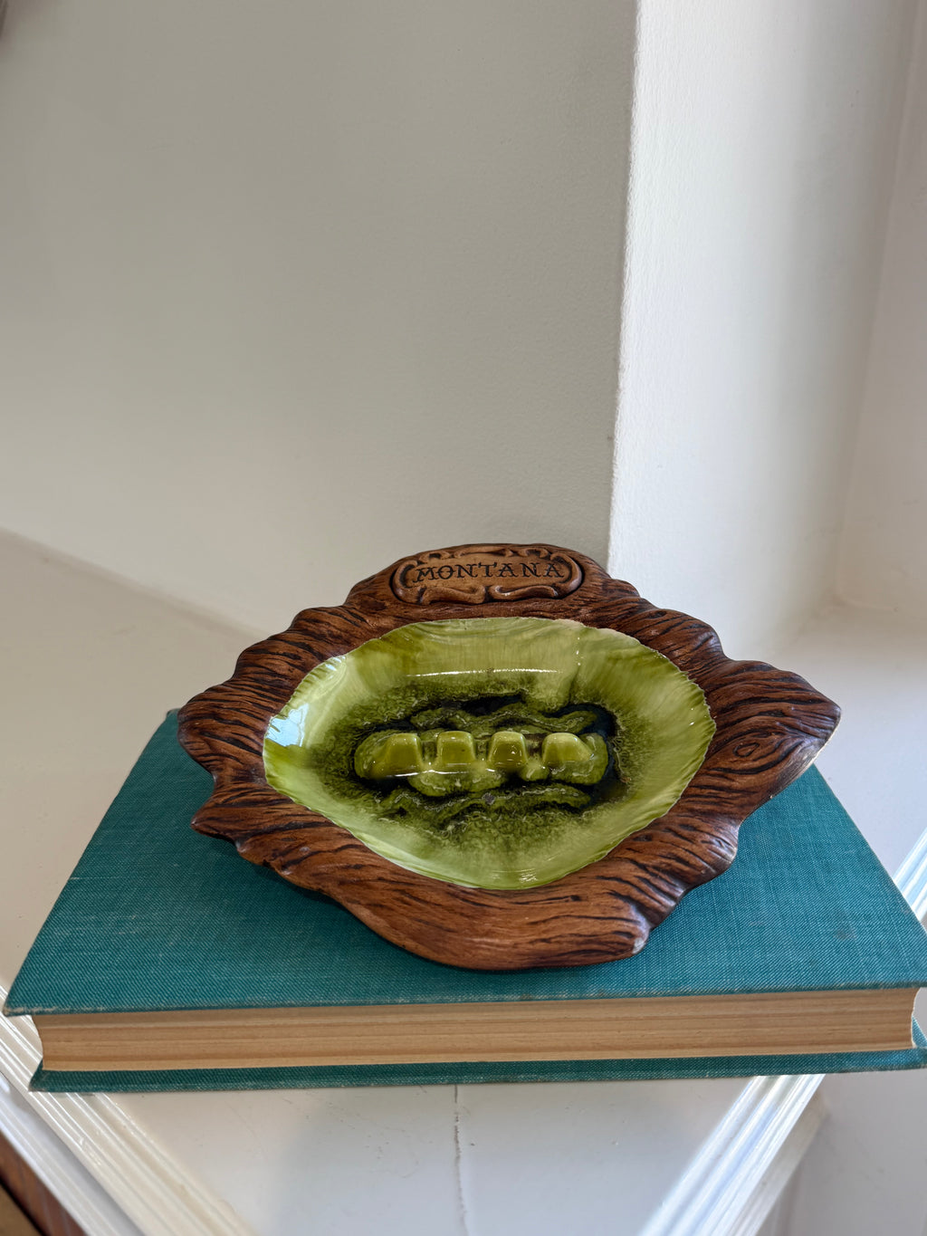 Vintage Treasure Craft Trinket Tray with Green Drip Glaze Center, 1963