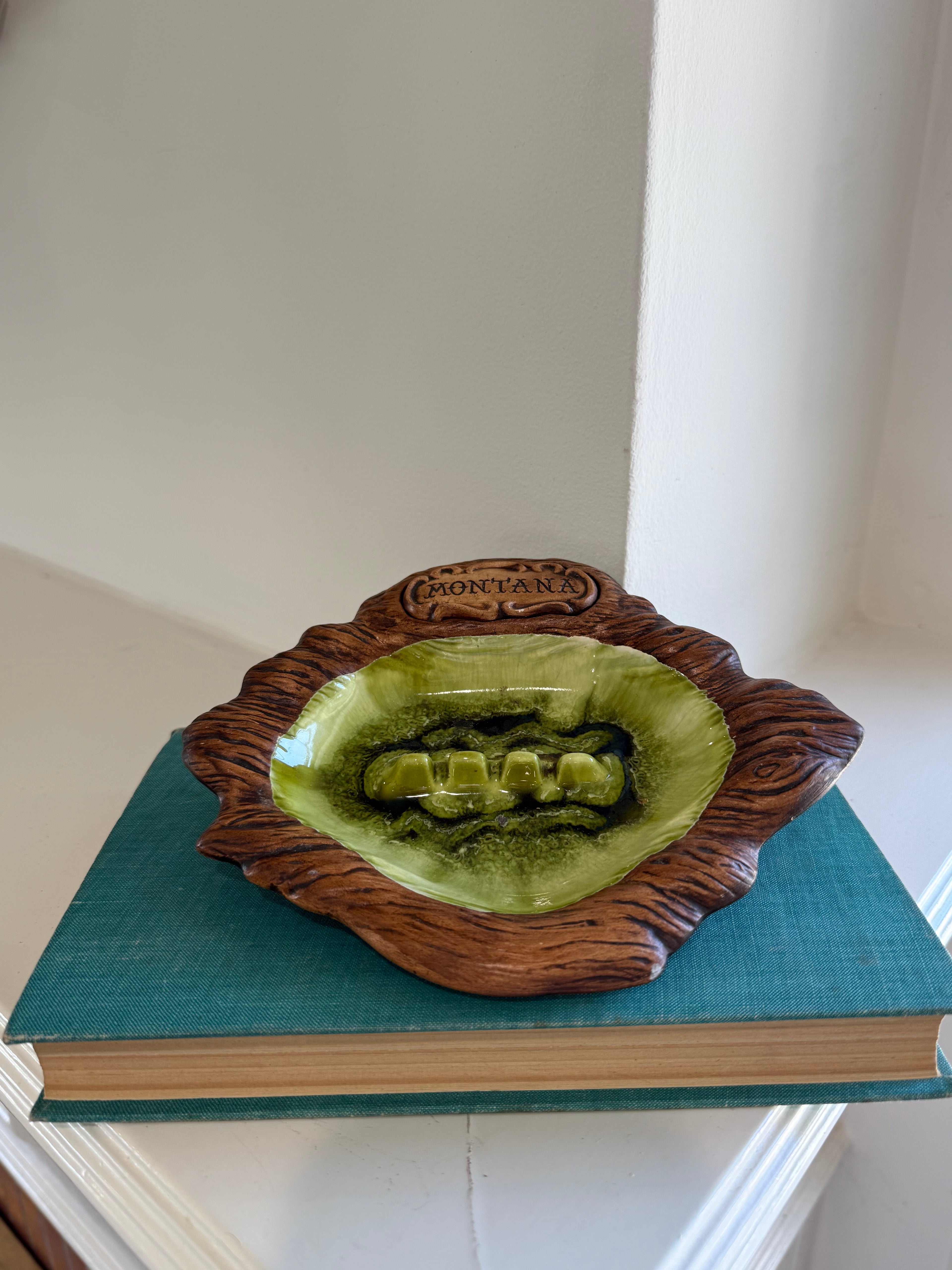 Vintage Treasure Craft Trinket Tray with Green Drip Glaze Center, 1963