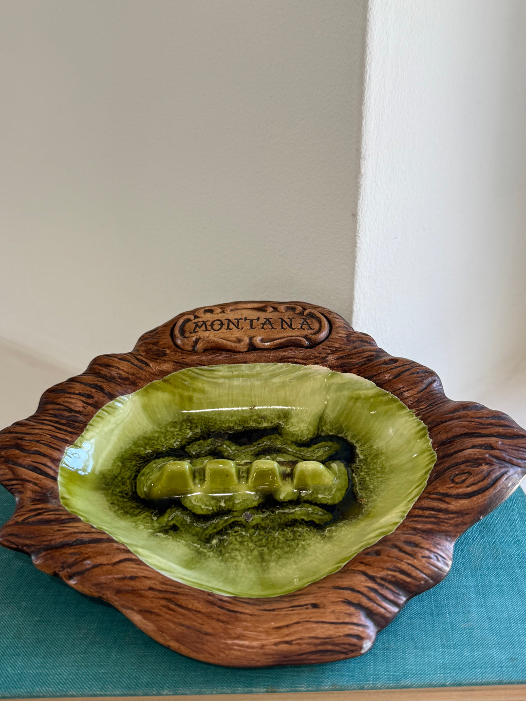 Vintage Treasure Craft Trinket Tray with Green Drip Glaze Center, 1963