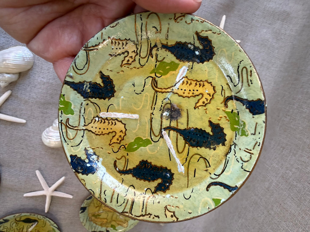 Vintage Seahorse Coaster Set with Holder, Made in Japan