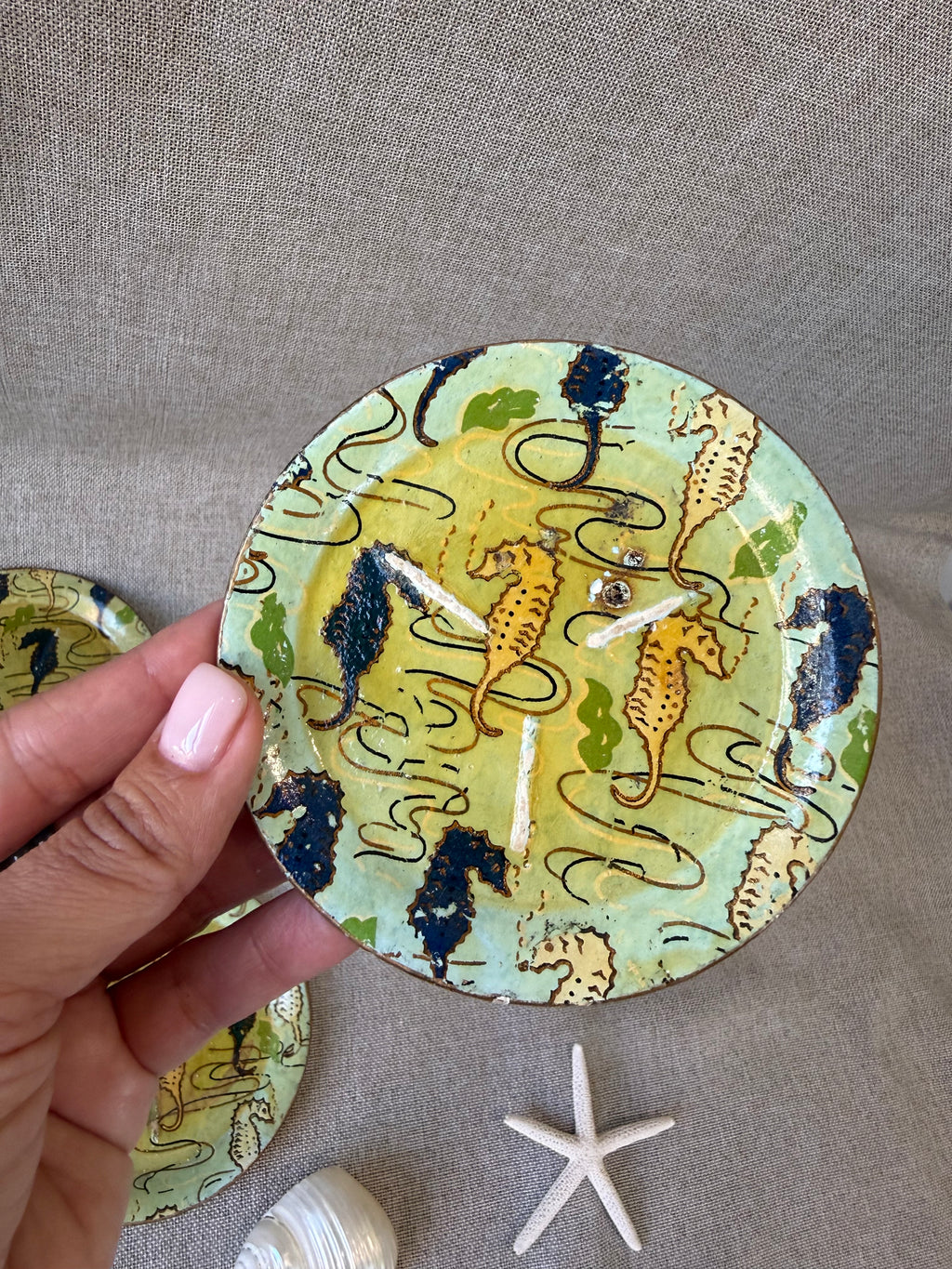 Vintage Seahorse Coaster Set with Holder, Made in Japan