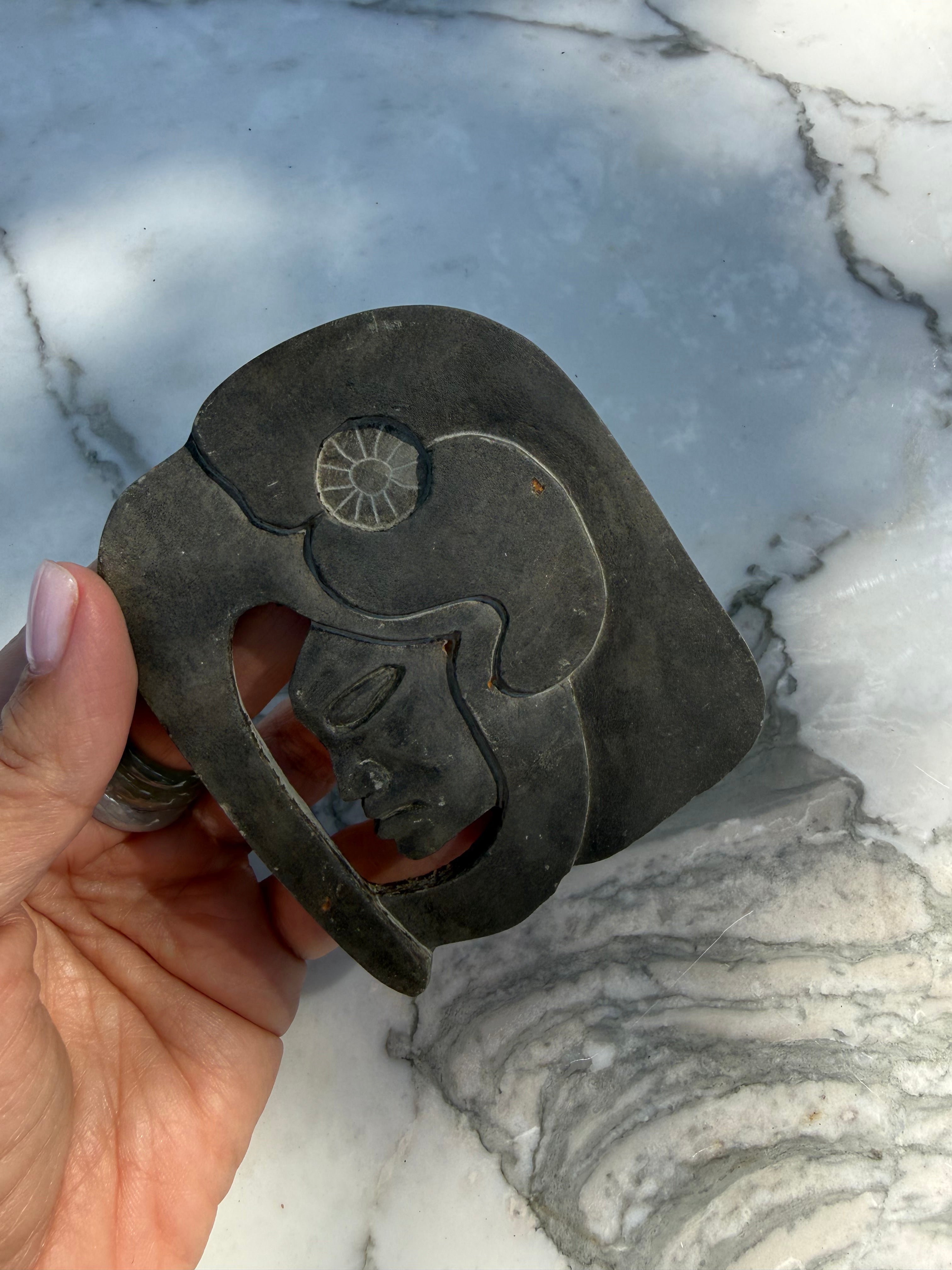 Vintage Hand Carved Soapstone Profile Mask - Mesoamerican Maya Ballgame Style