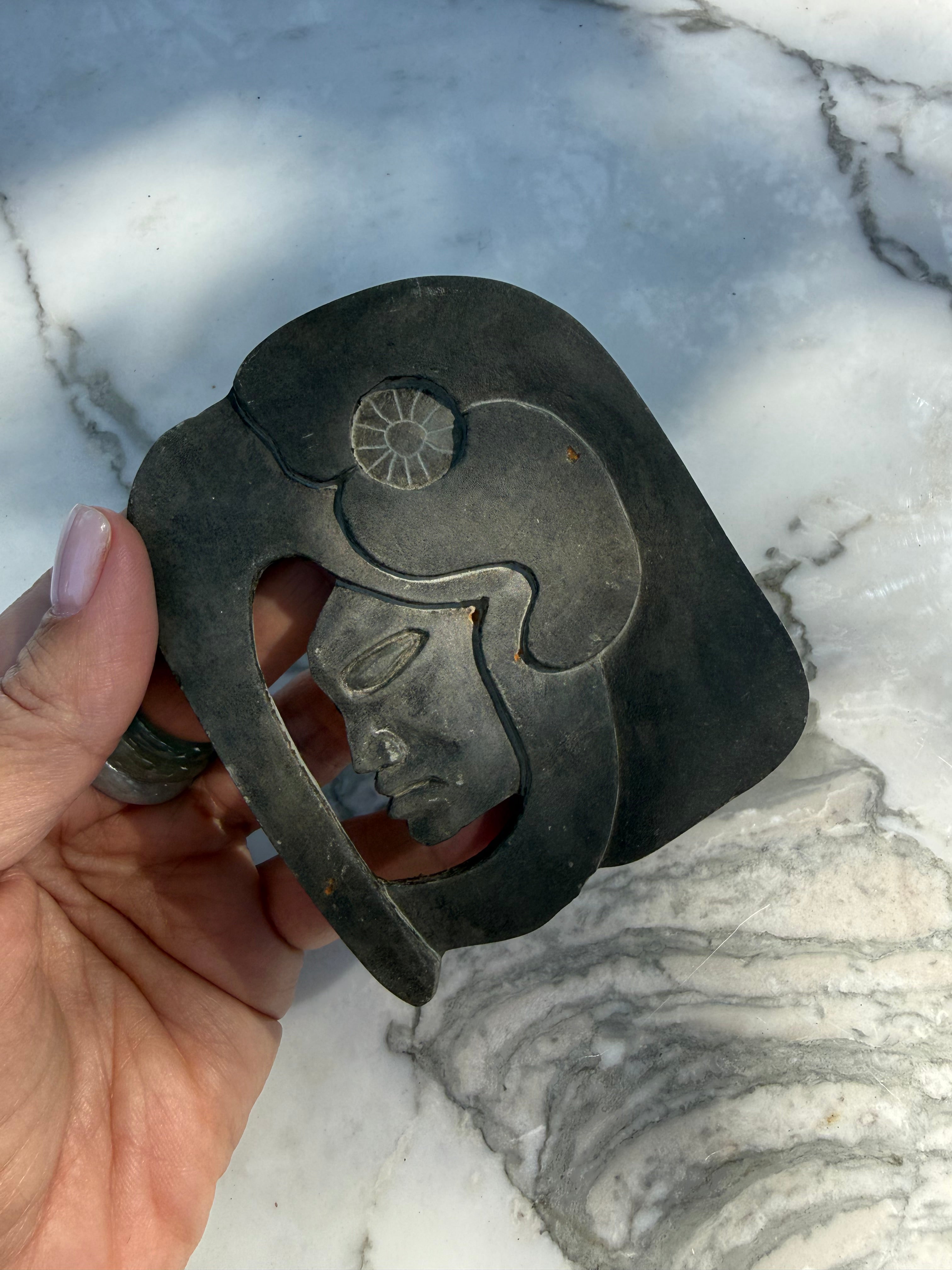 Vintage Hand Carved Soapstone Profile Mask - Mesoamerican Maya Ballgame Style