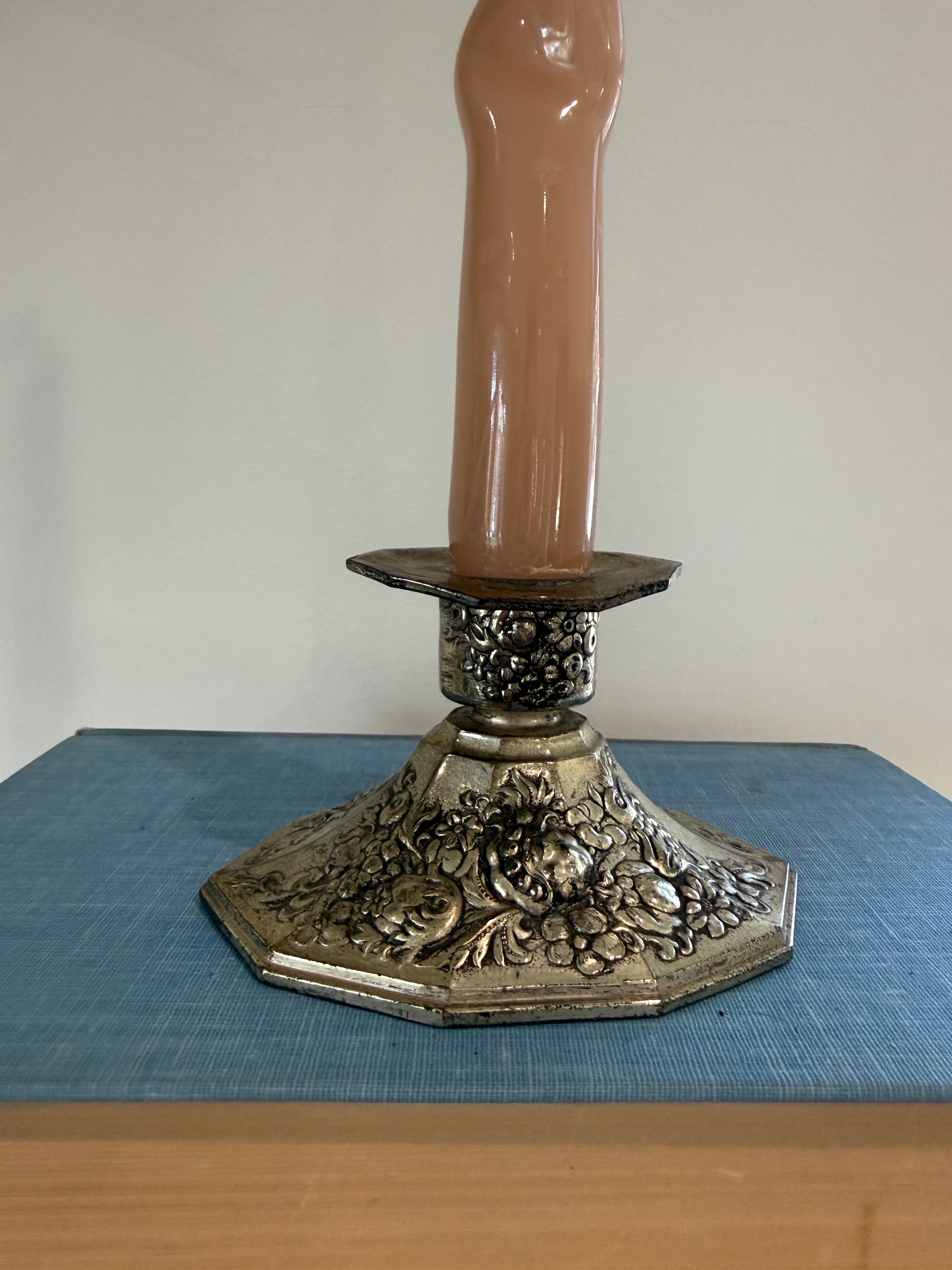 Vintage Mid-Century Japanese Ornate Silver-Plated Candlestick Holder.  Made in Japan