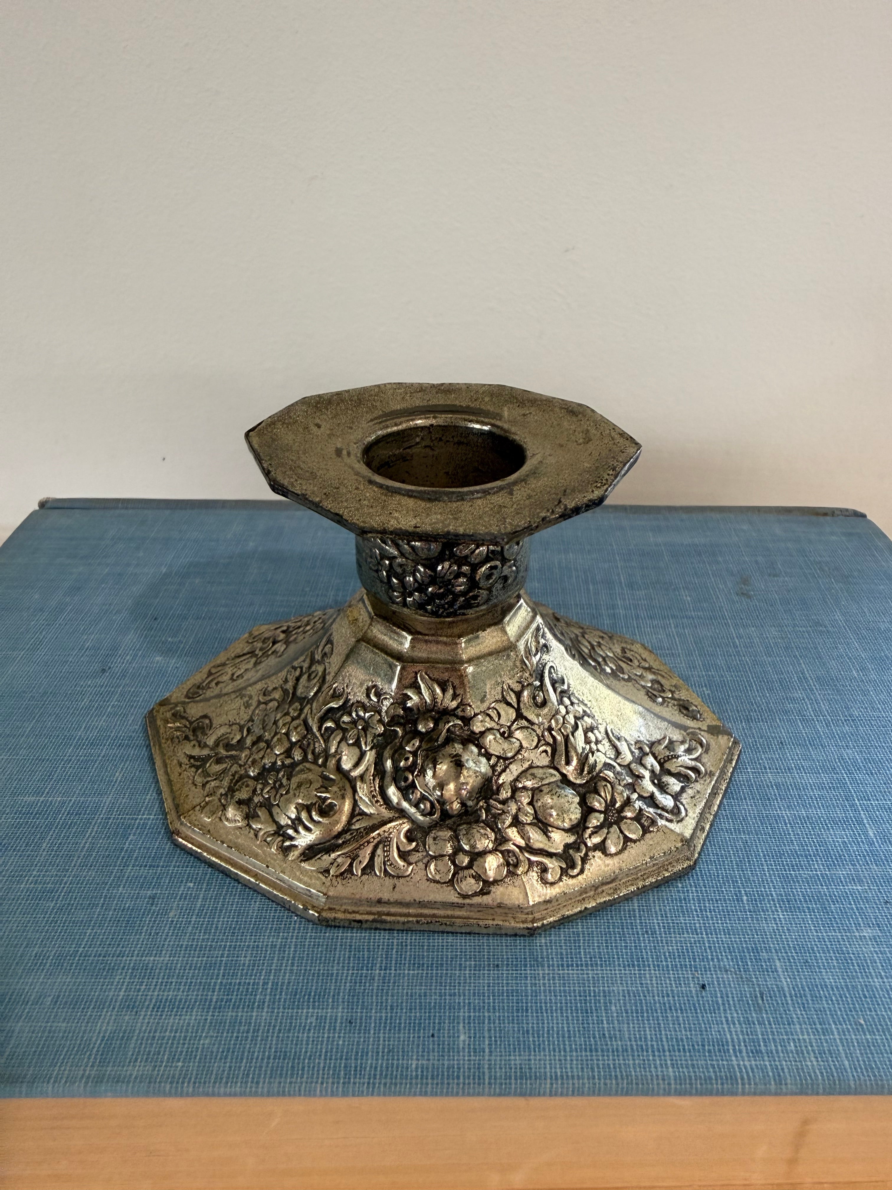 Vintage Mid-Century Japanese Ornate Silver-Plated Candlestick Holder.  Made in Japan