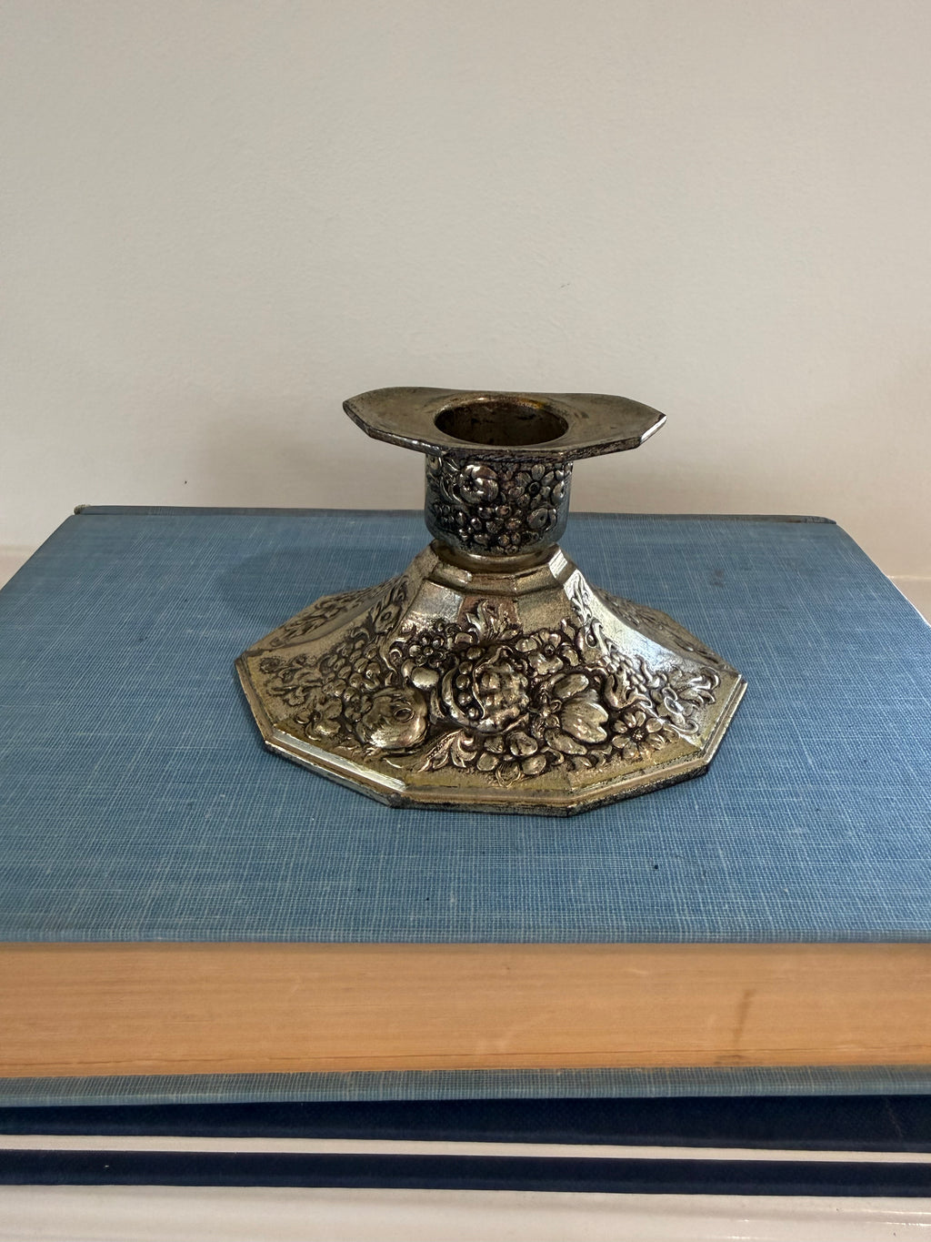 Vintage Mid-Century Japanese Ornate Silver-Plated Candlestick Holder.  Made in Japan