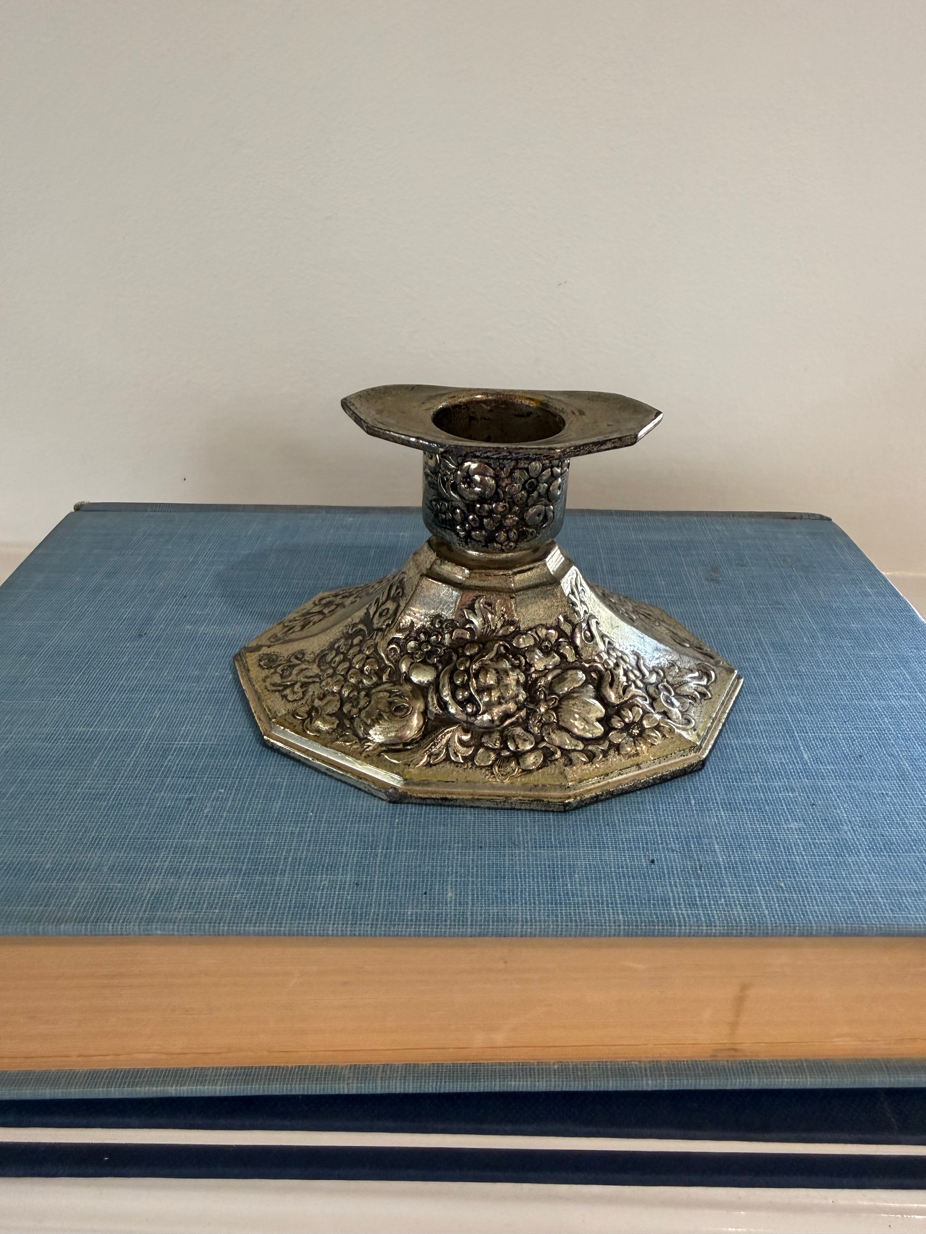 Vintage Mid-Century Japanese Ornate Silver-Plated Candlestick Holder.  Made in Japan