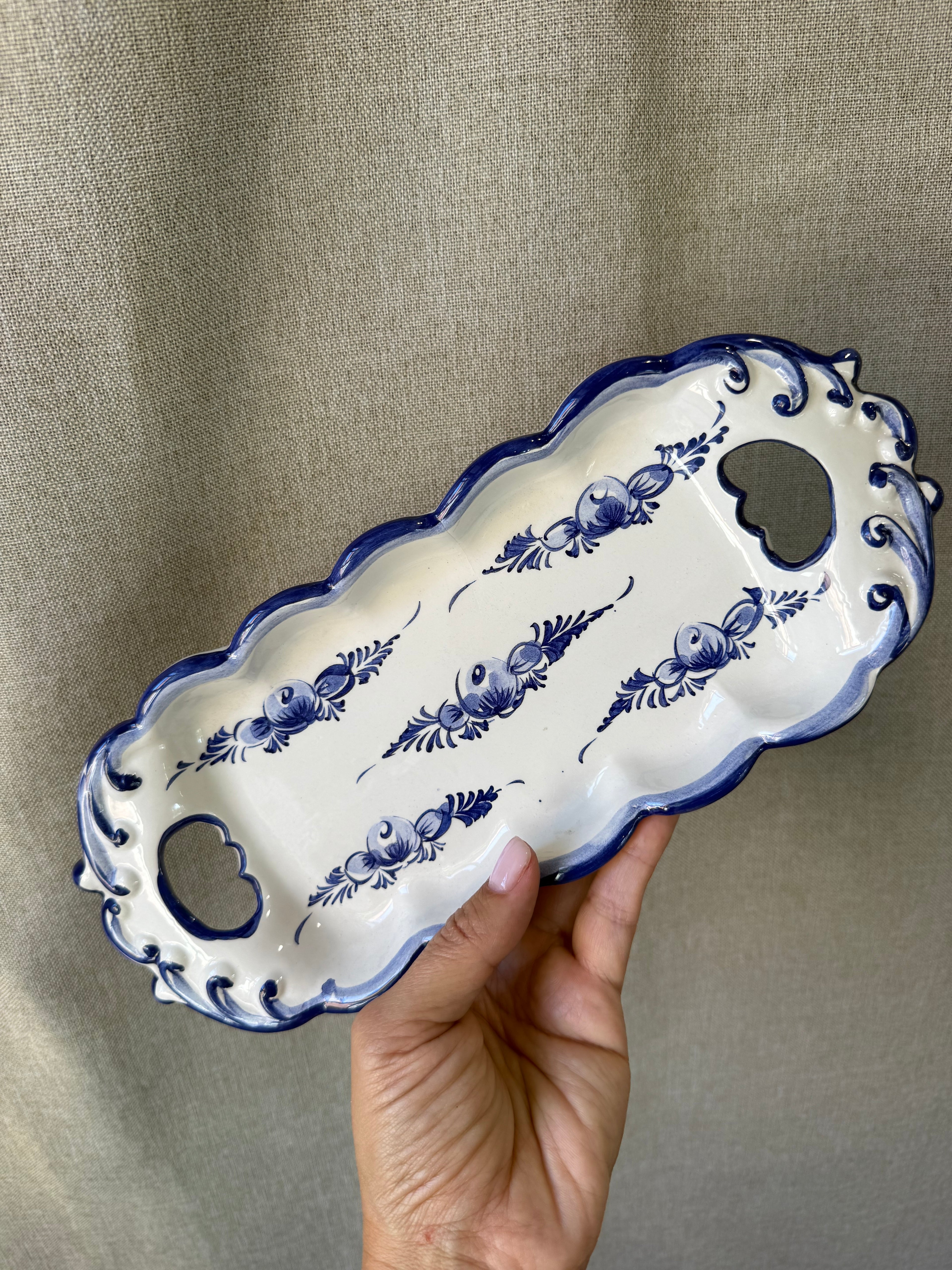 Vintage Blue & White Hand Painted Ceramic Tray RC & Cal Da Juncal Porto De Mos Portugal