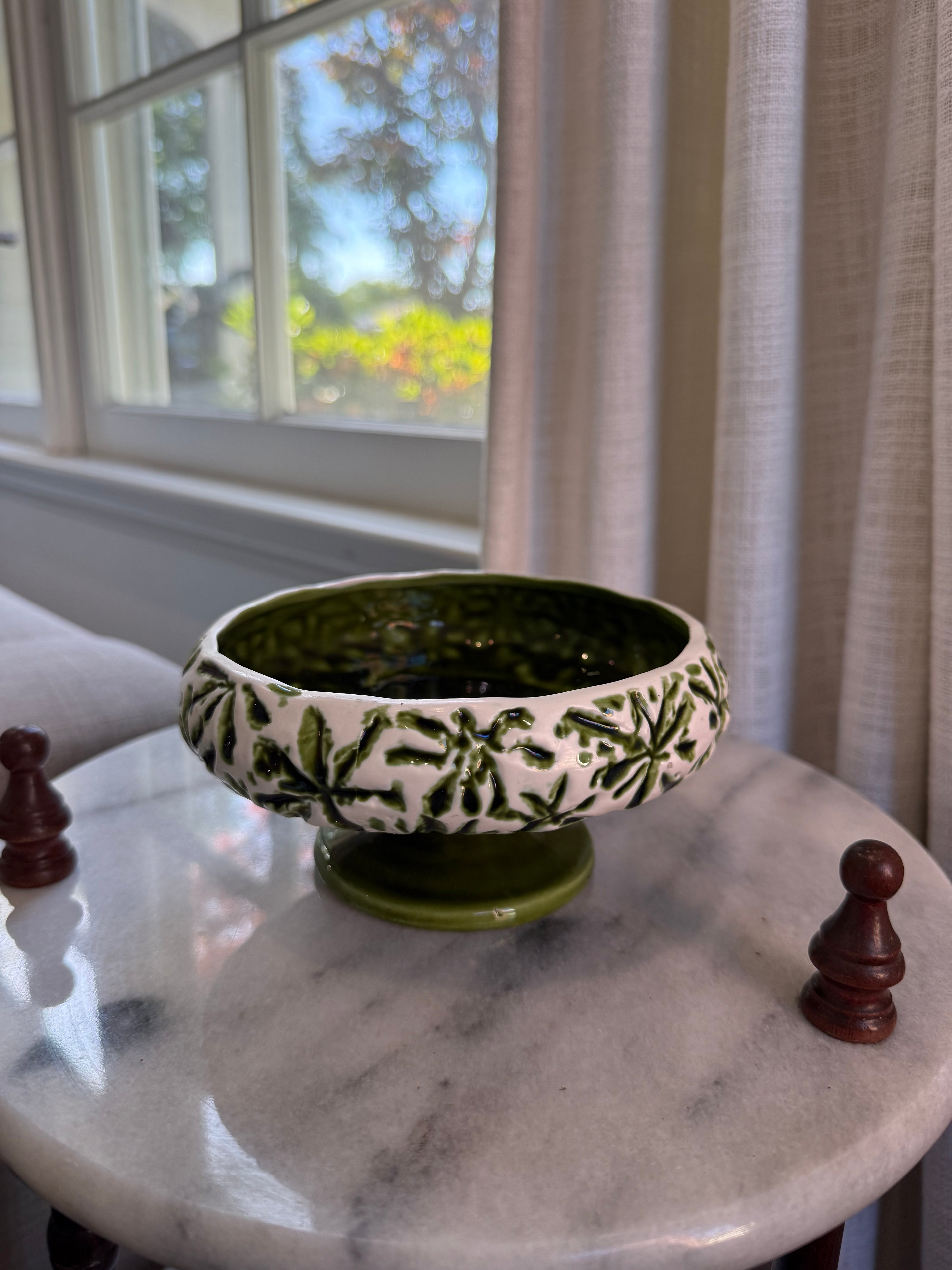 MCM Inarco Ceramic Footed Compote Bowl - Green Starburst Pattern, Japan E-2391