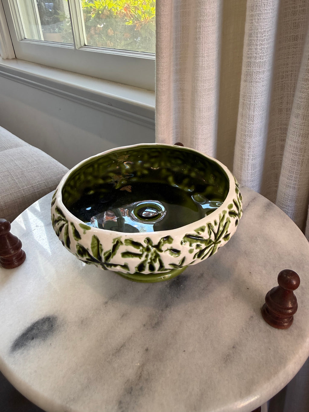 MCM Inarco Ceramic Footed Compote Bowl - Green Starburst Pattern, Japan E-2391