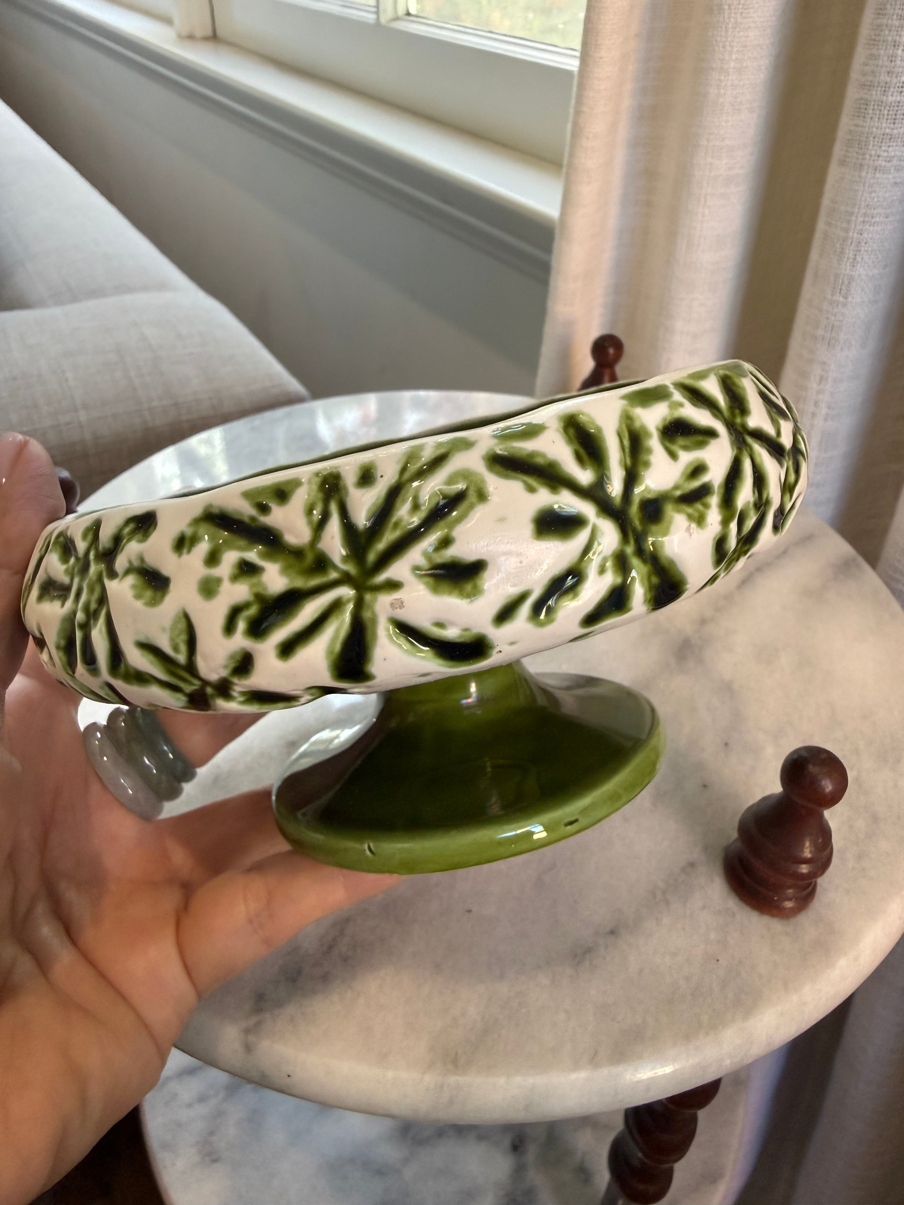 MCM Inarco Ceramic Footed Compote Bowl - Green Starburst Pattern, Japan E-2391