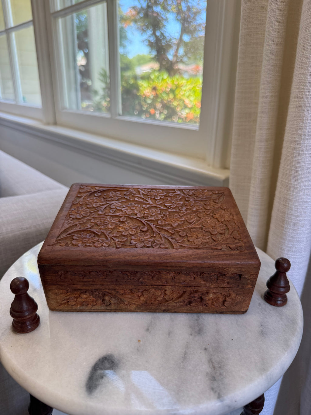 Vintage Hand-Carved Floral Wood Keepsake Box