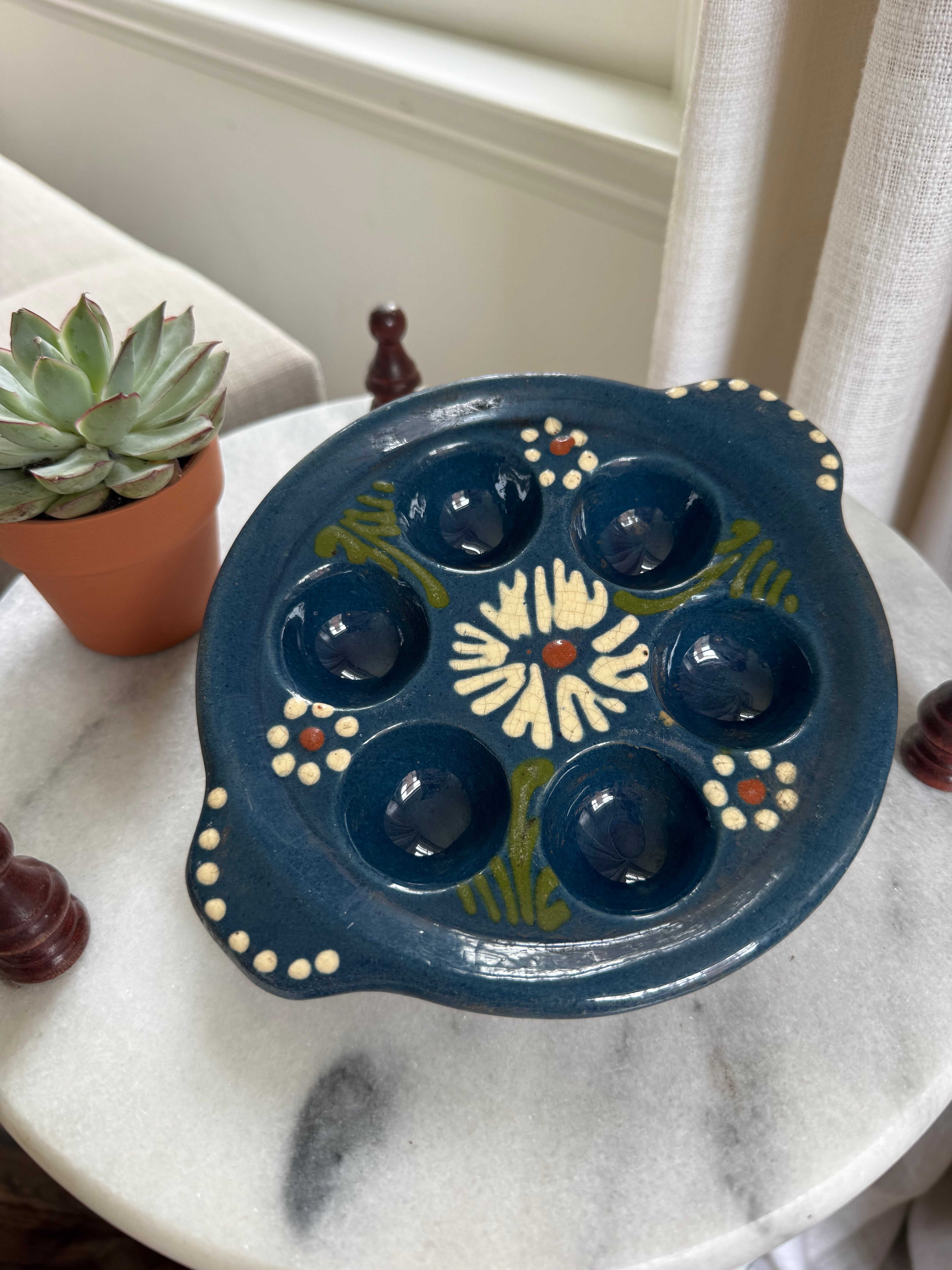 Vintage Hand-Painted Blue Ceramic Escargot Plates, Set of Two