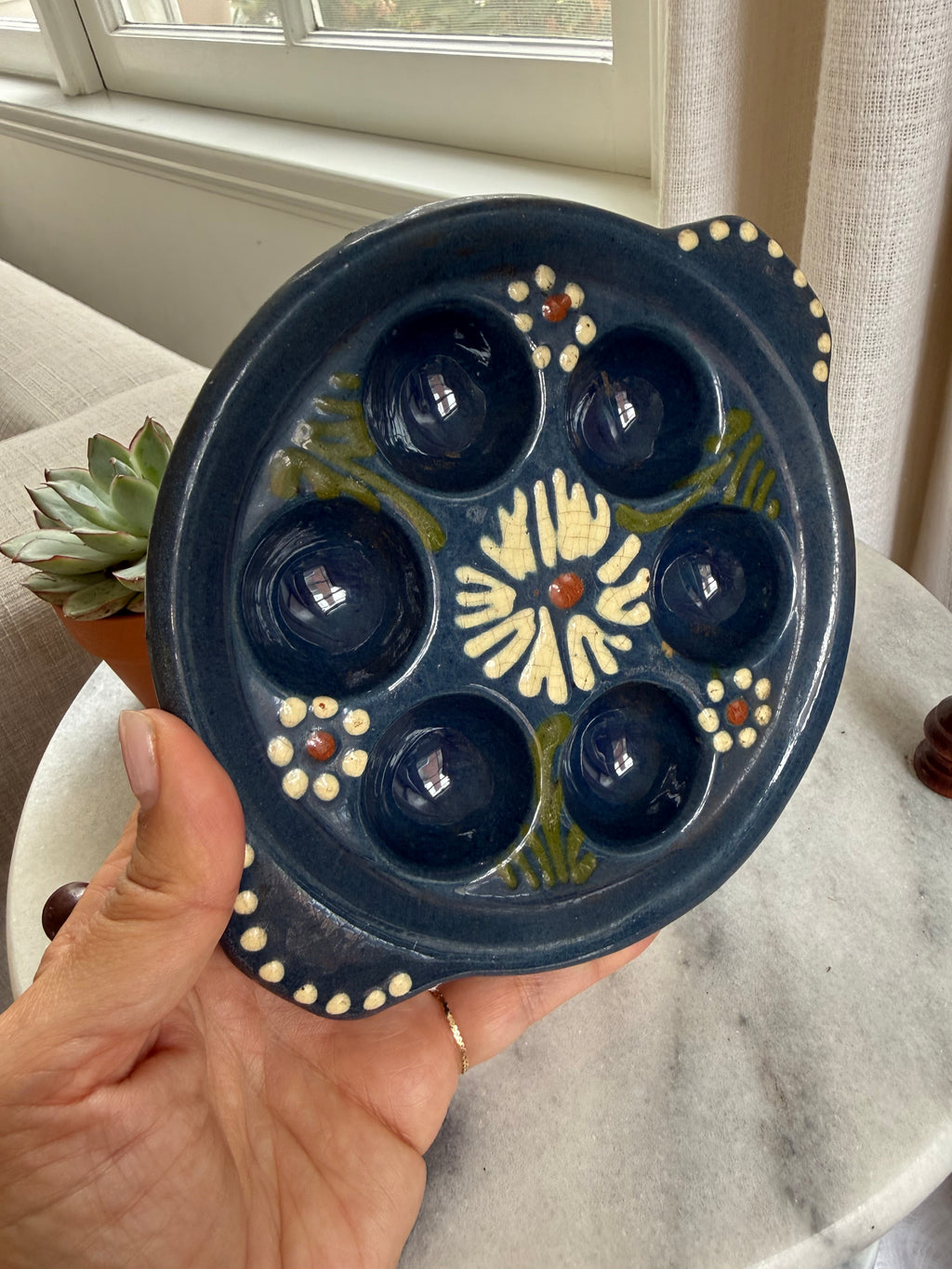 Vintage Hand-Painted Blue Ceramic Escargot Plates, Set of Two