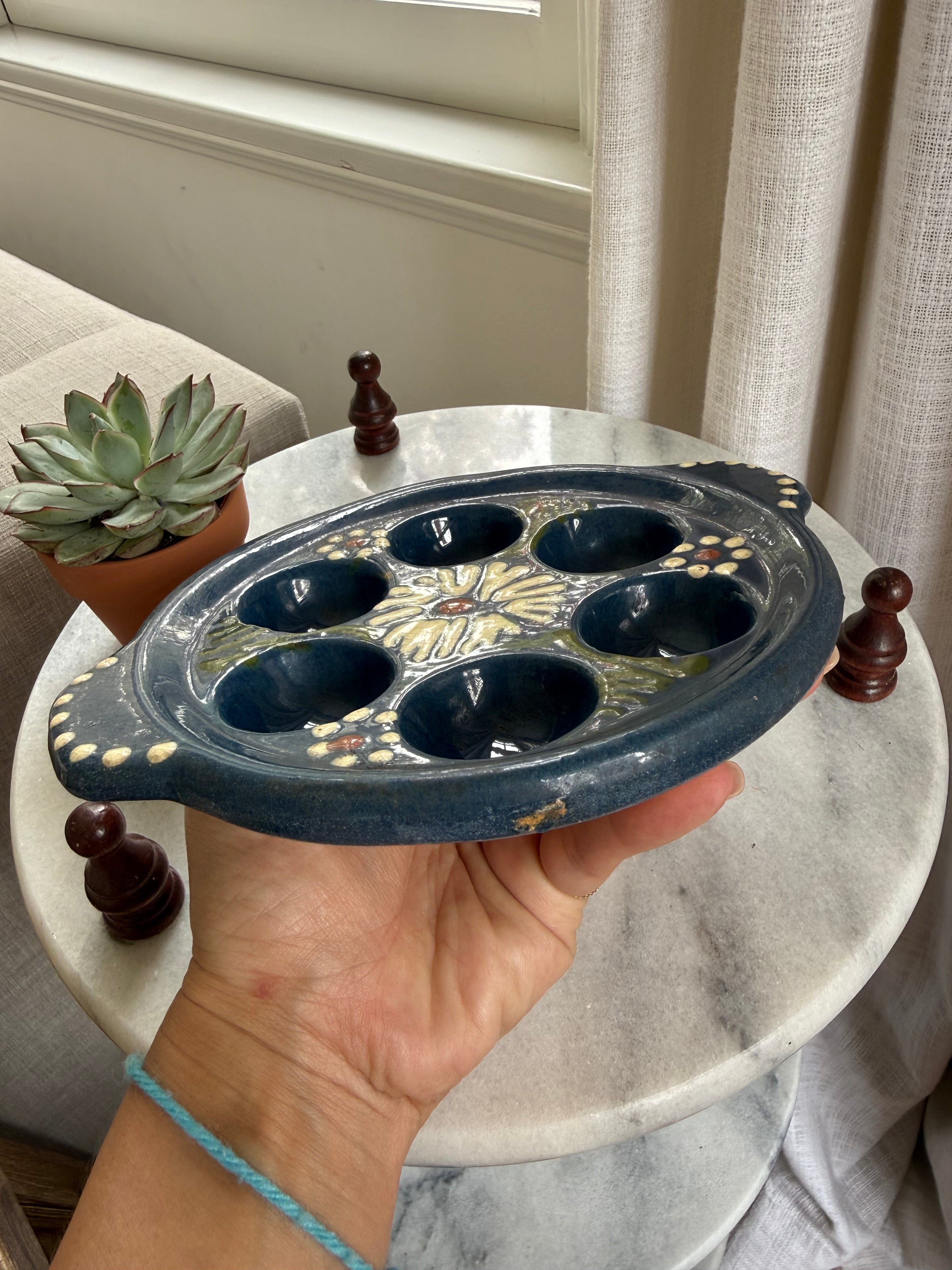 Vintage Hand-Painted Blue Ceramic Escargot Plates, Set of Two