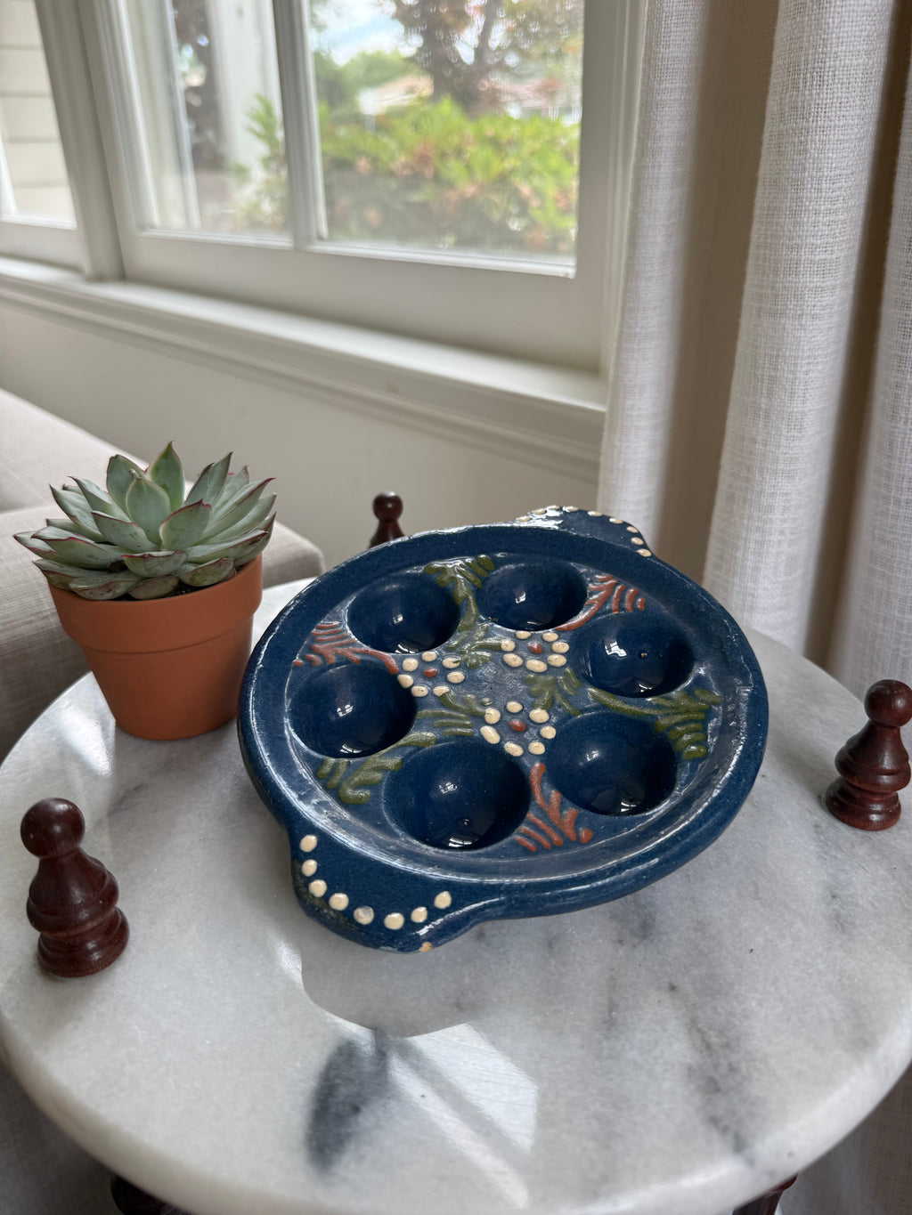 Vintage Hand-Painted Blue Ceramic Escargot Plates, Set of Two