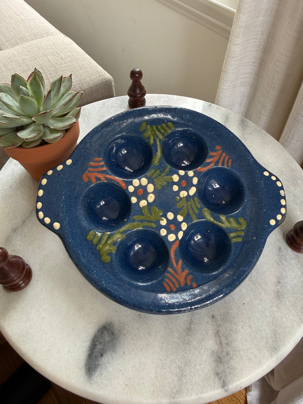 Vintage Hand-Painted Blue Ceramic Escargot Plates, Set of Two