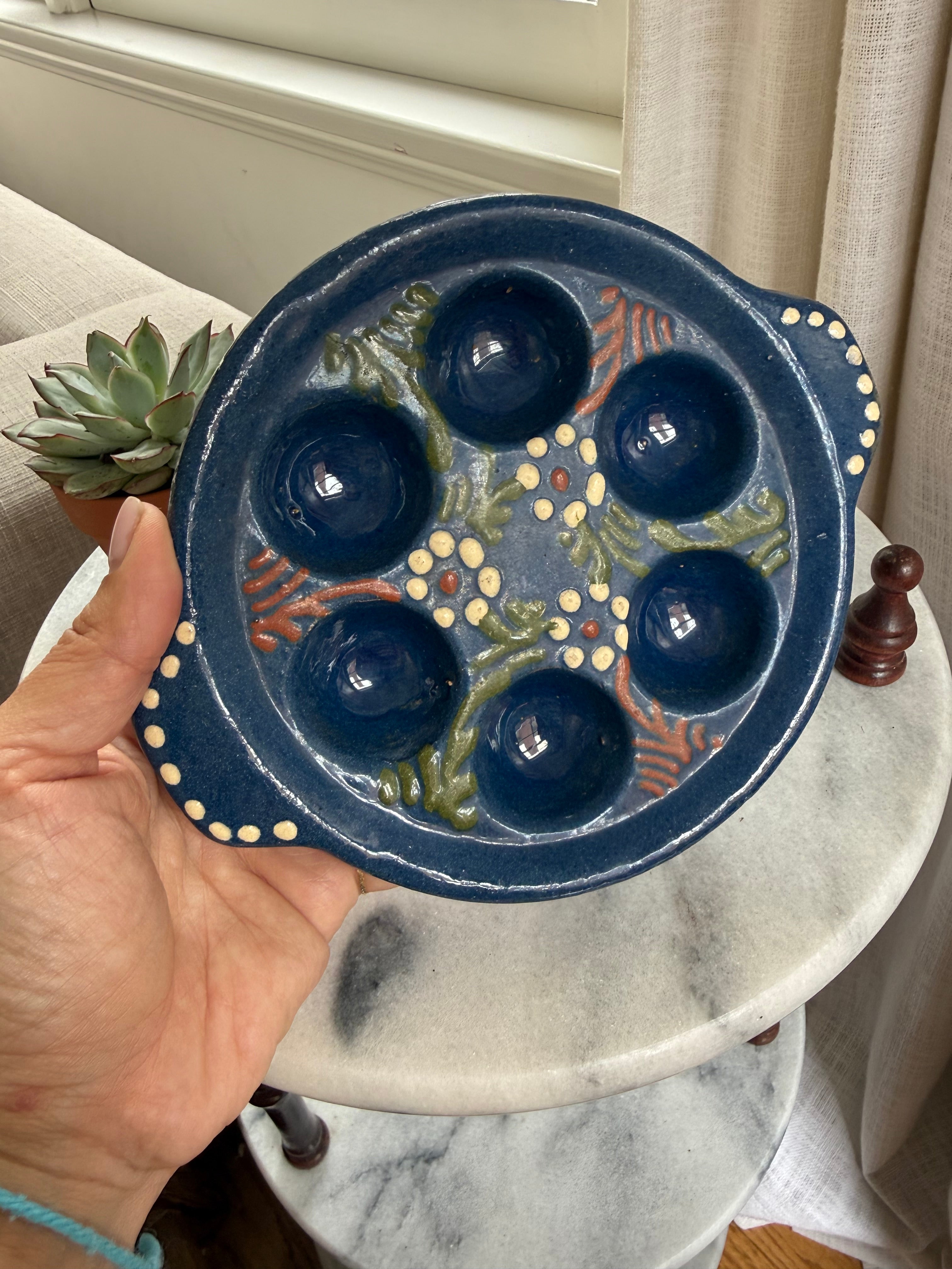 Vintage Hand-Painted Blue Ceramic Escargot Plates, Set of Two