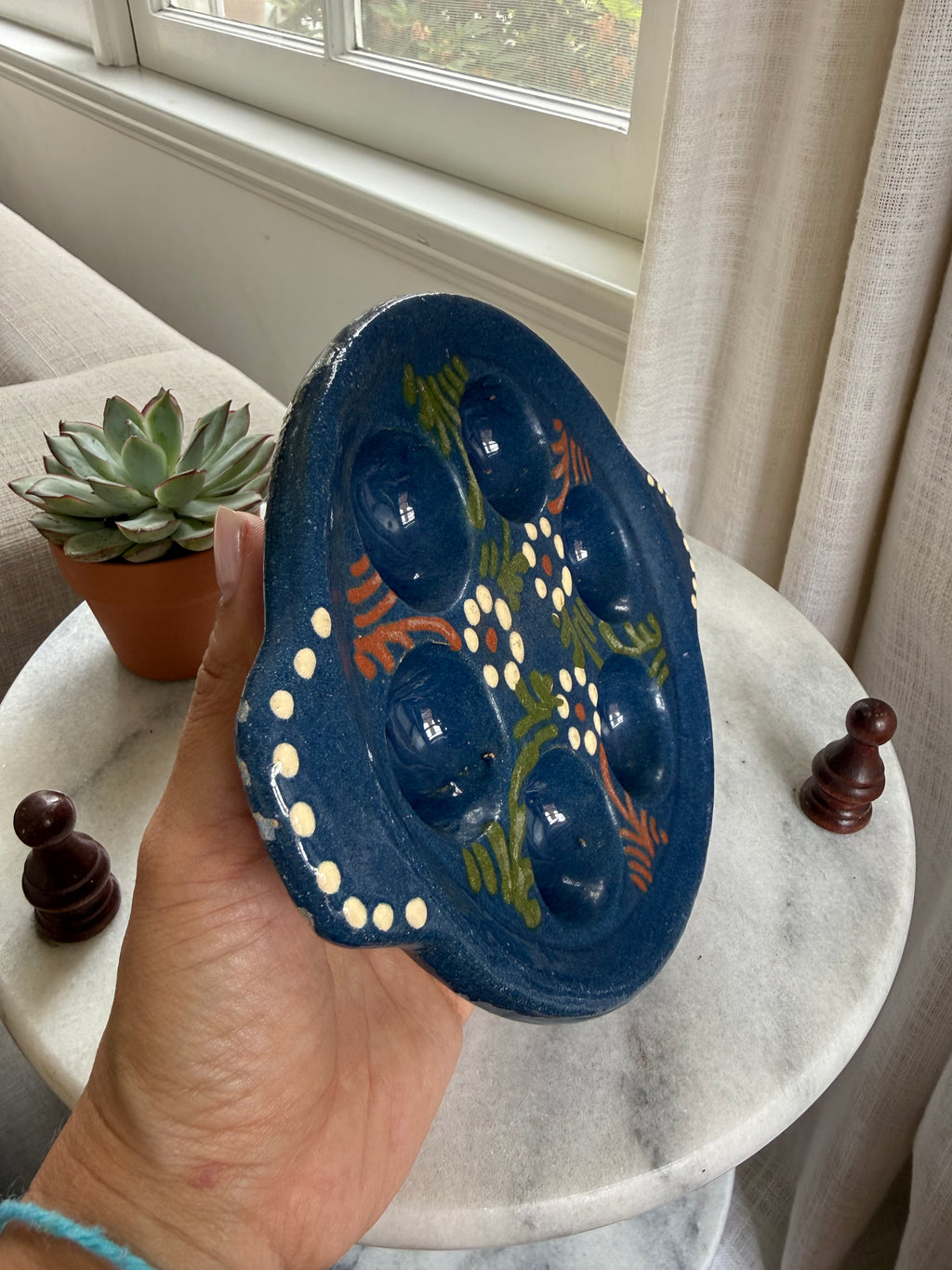 Vintage Hand-Painted Blue Ceramic Escargot Plates, Set of Two