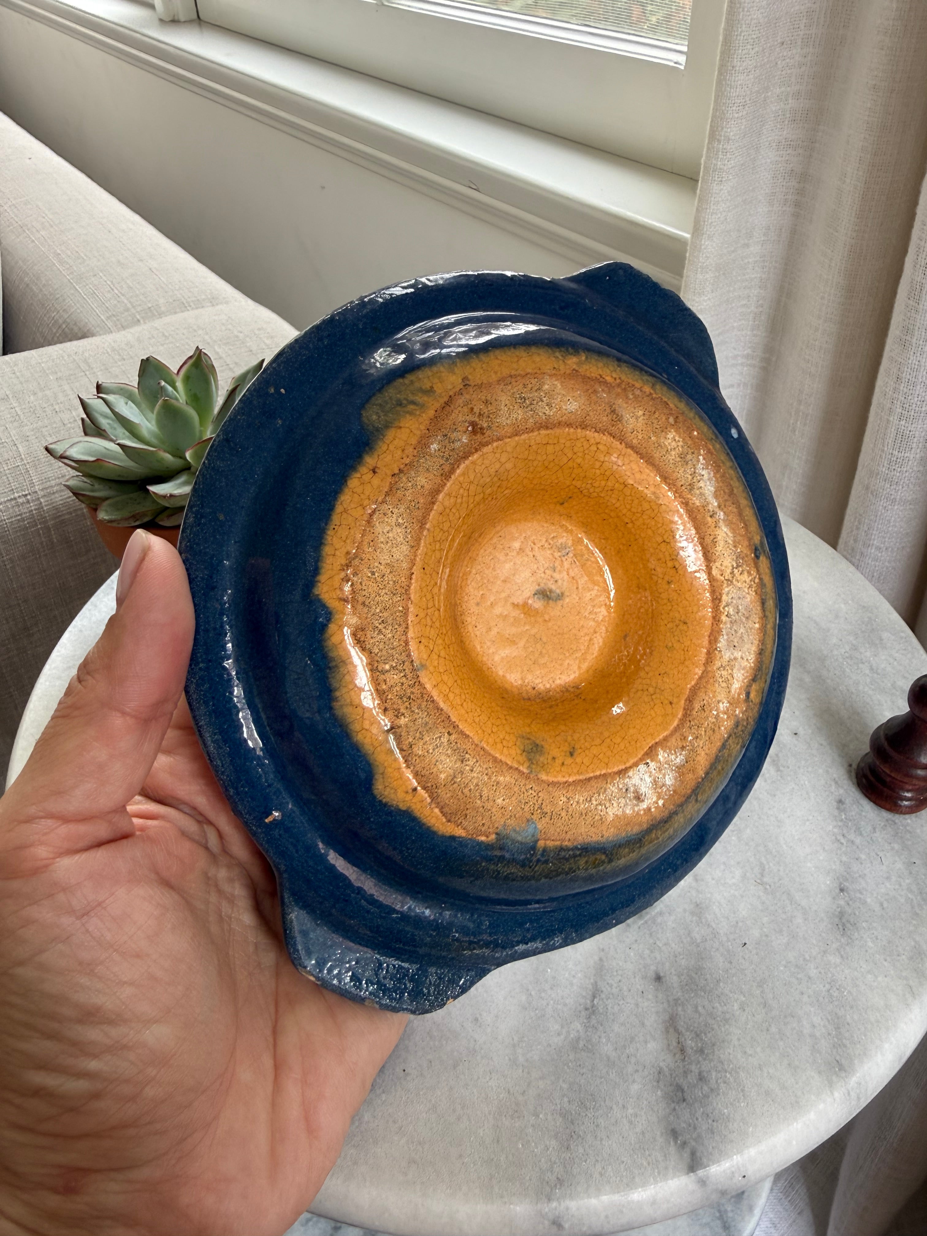 Vintage Hand-Painted Blue Ceramic Escargot Plates, Set of Two