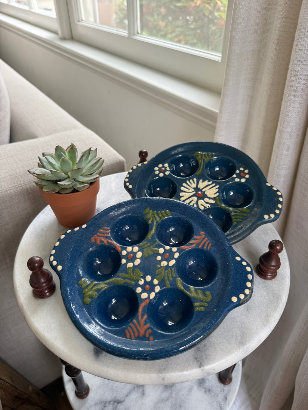 Vintage Hand-Painted Blue Ceramic Escargot Plates, Set of Two