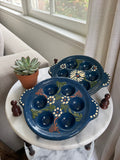 Vintage Hand-Painted Blue Ceramic Escargot Plates, Set of Two