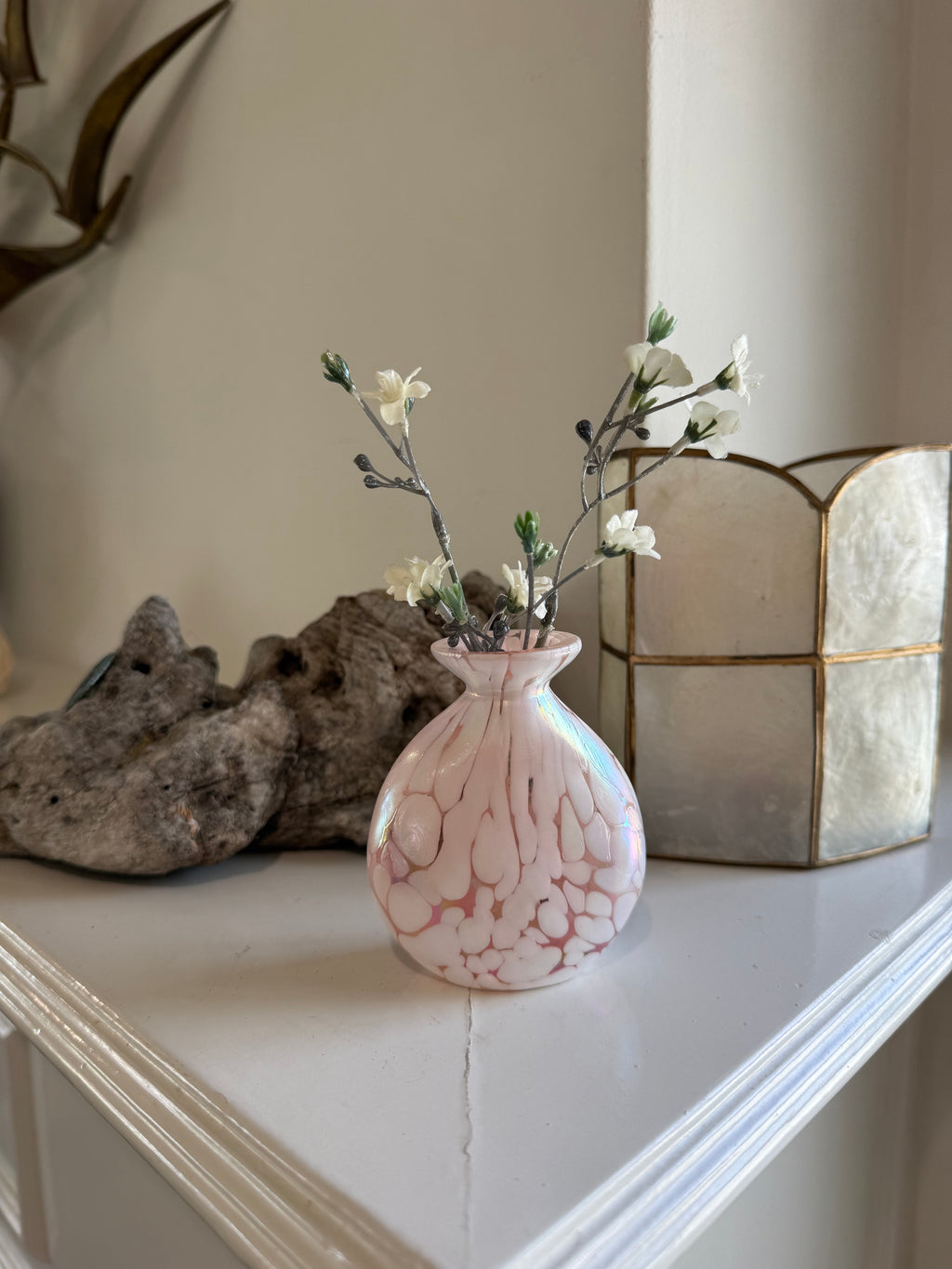 Vintage Iridescent Pink Spatter Glass Bud Vase