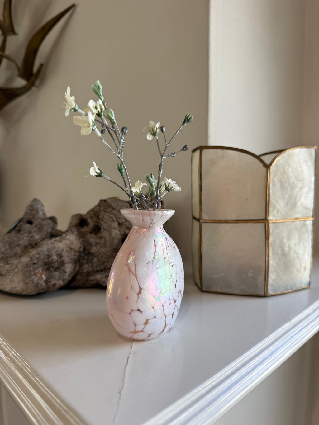Vintage Iridescent Pink Spatter Glass Bud Vase