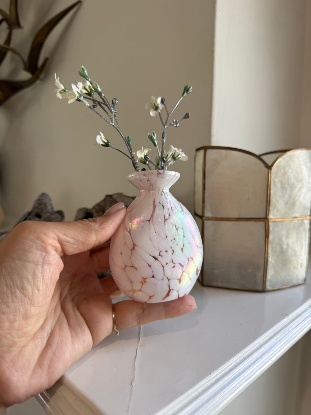 Vintage Iridescent Pink Spatter Glass Bud Vase