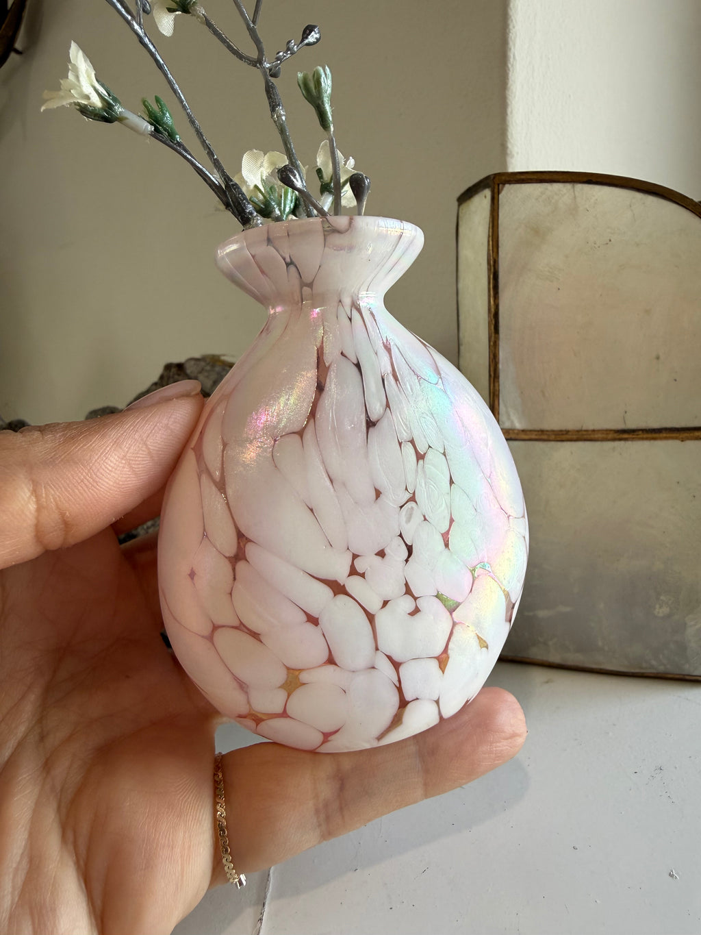 Vintage Iridescent Pink Spatter Glass Bud Vase