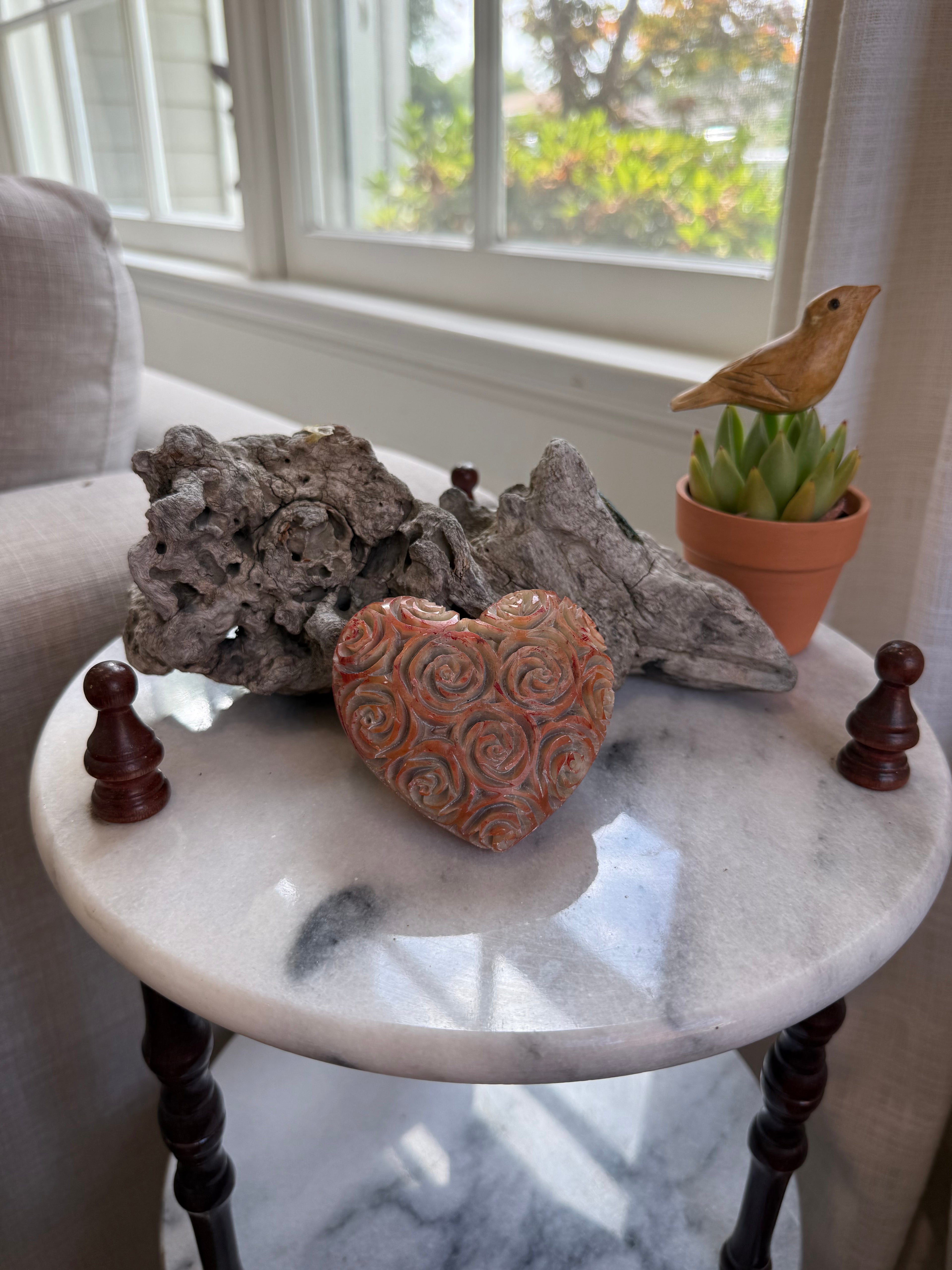 Vintage Hand-Carved Orange Calcite Heart with Rose Relief | Sculptural Stone Decor