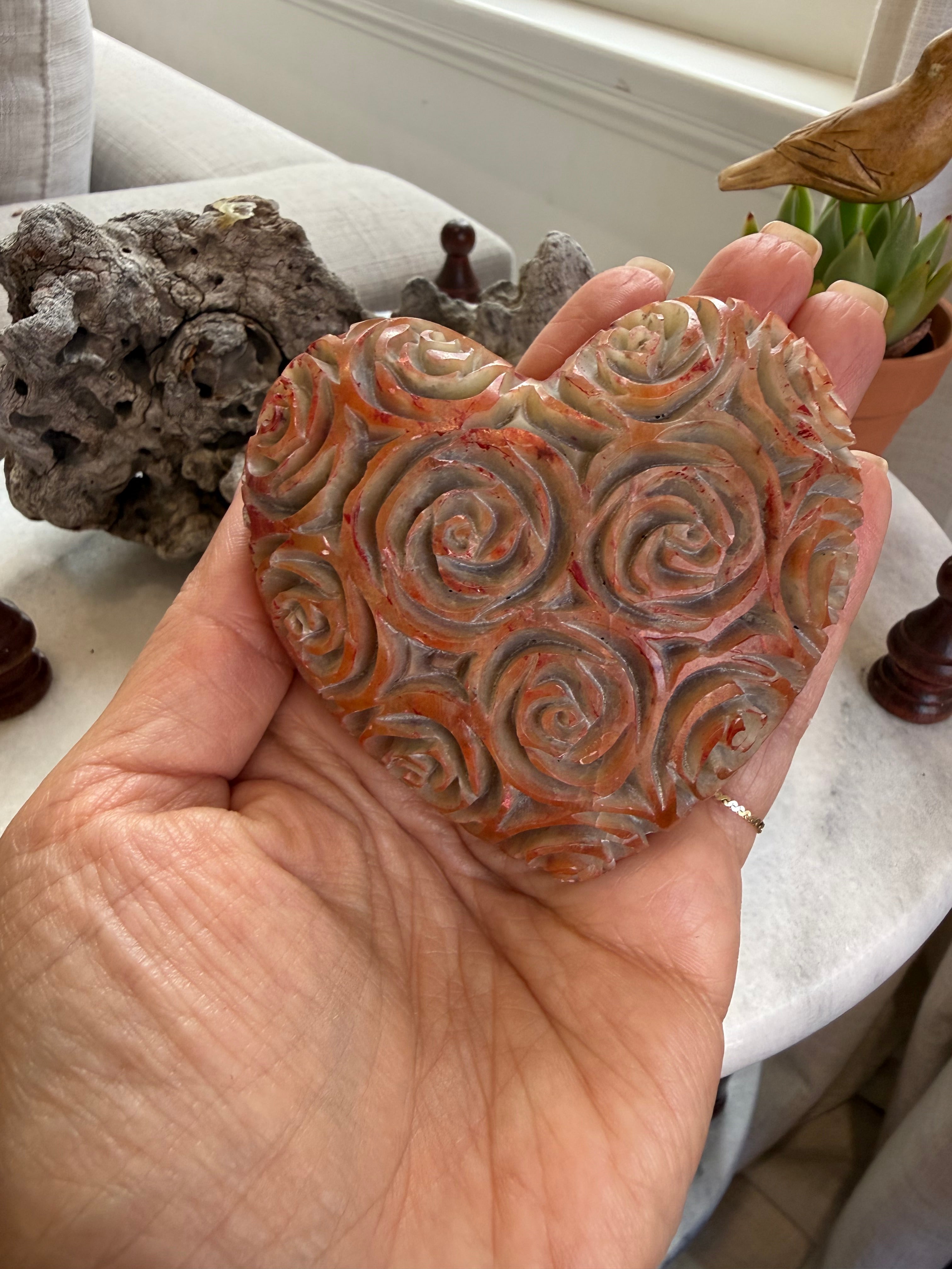 Vintage Hand-Carved Orange Calcite Heart with Rose Relief | Sculptural Stone Decor