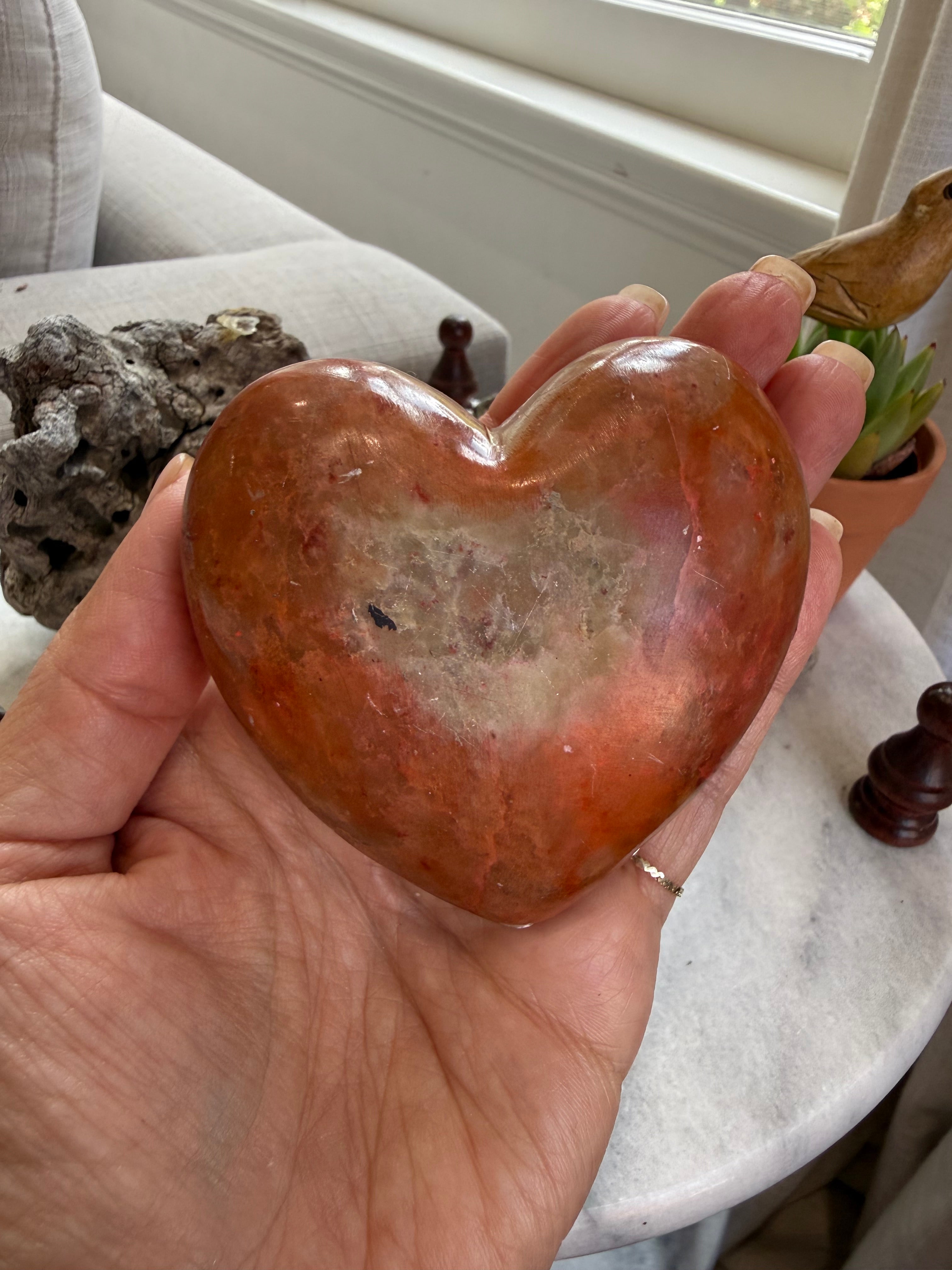 Vintage Hand-Carved Orange Calcite Heart with Rose Relief | Sculptural Stone Decor