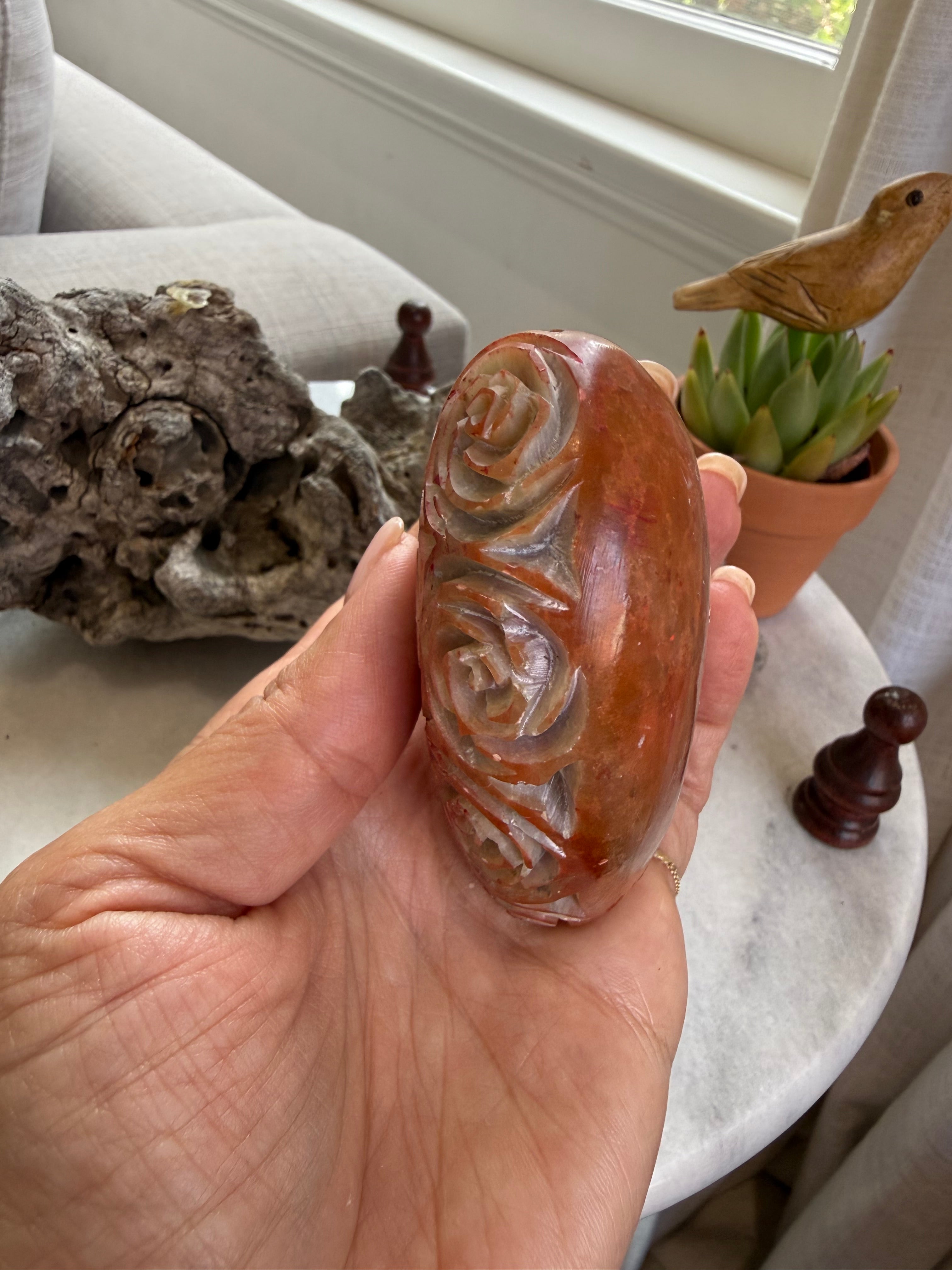 Vintage Hand-Carved Orange Calcite Heart with Rose Relief | Sculptural Stone Decor