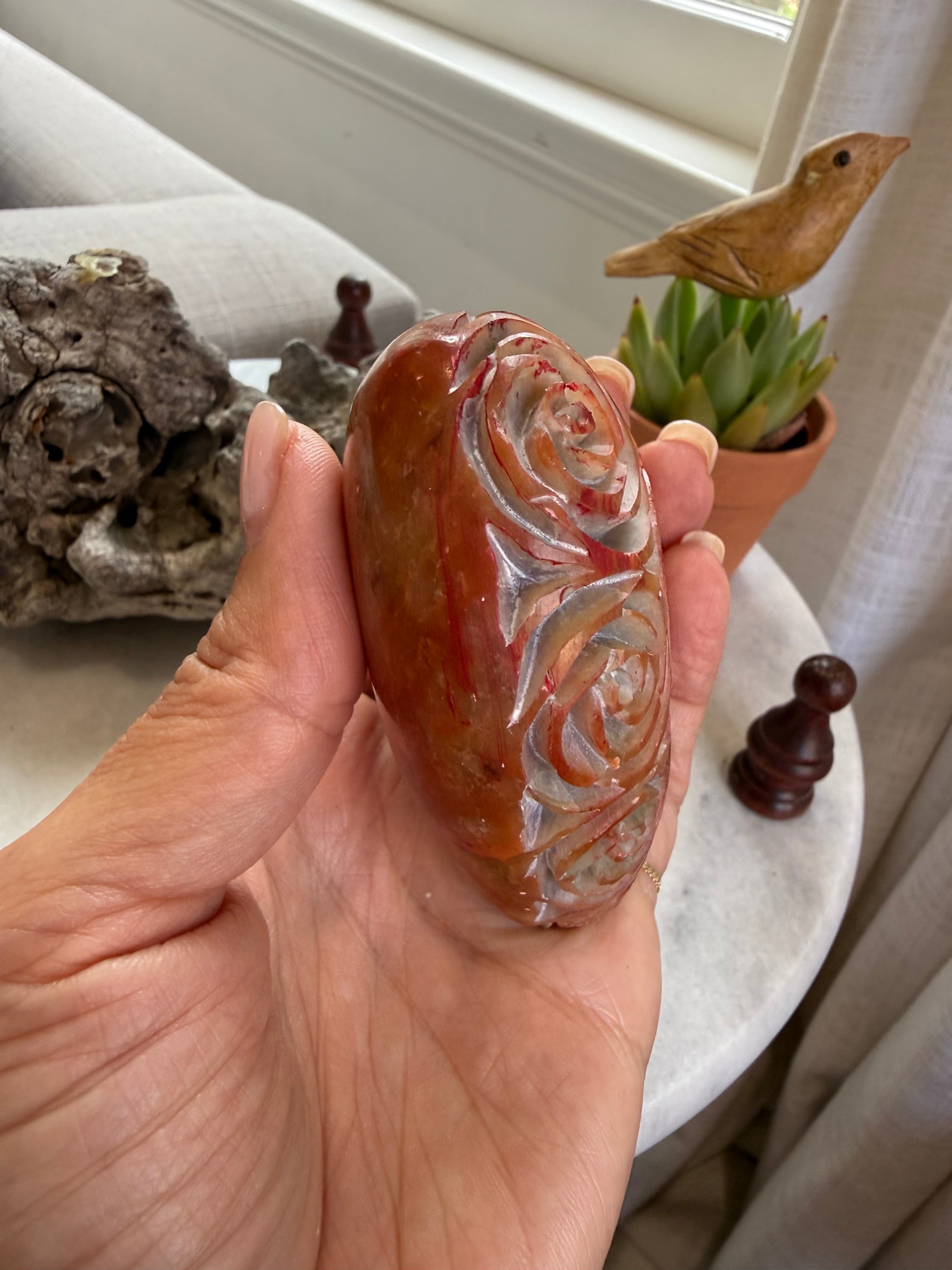 Vintage Hand-Carved Orange Calcite Heart with Rose Relief | Sculptural Stone Decor