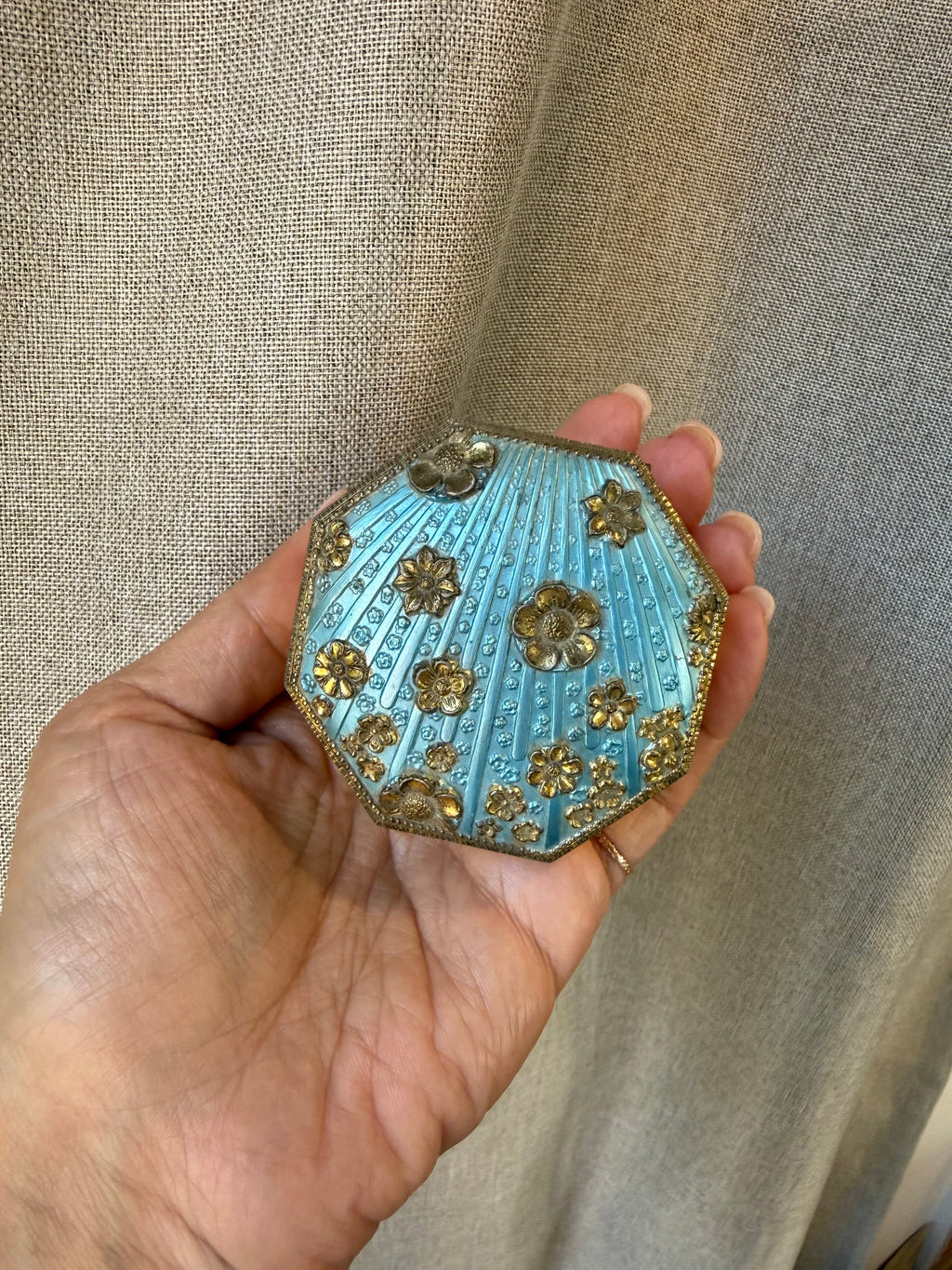 Vintage Gold-Tone Floral Trinket Box with Aqua Enamel Lid