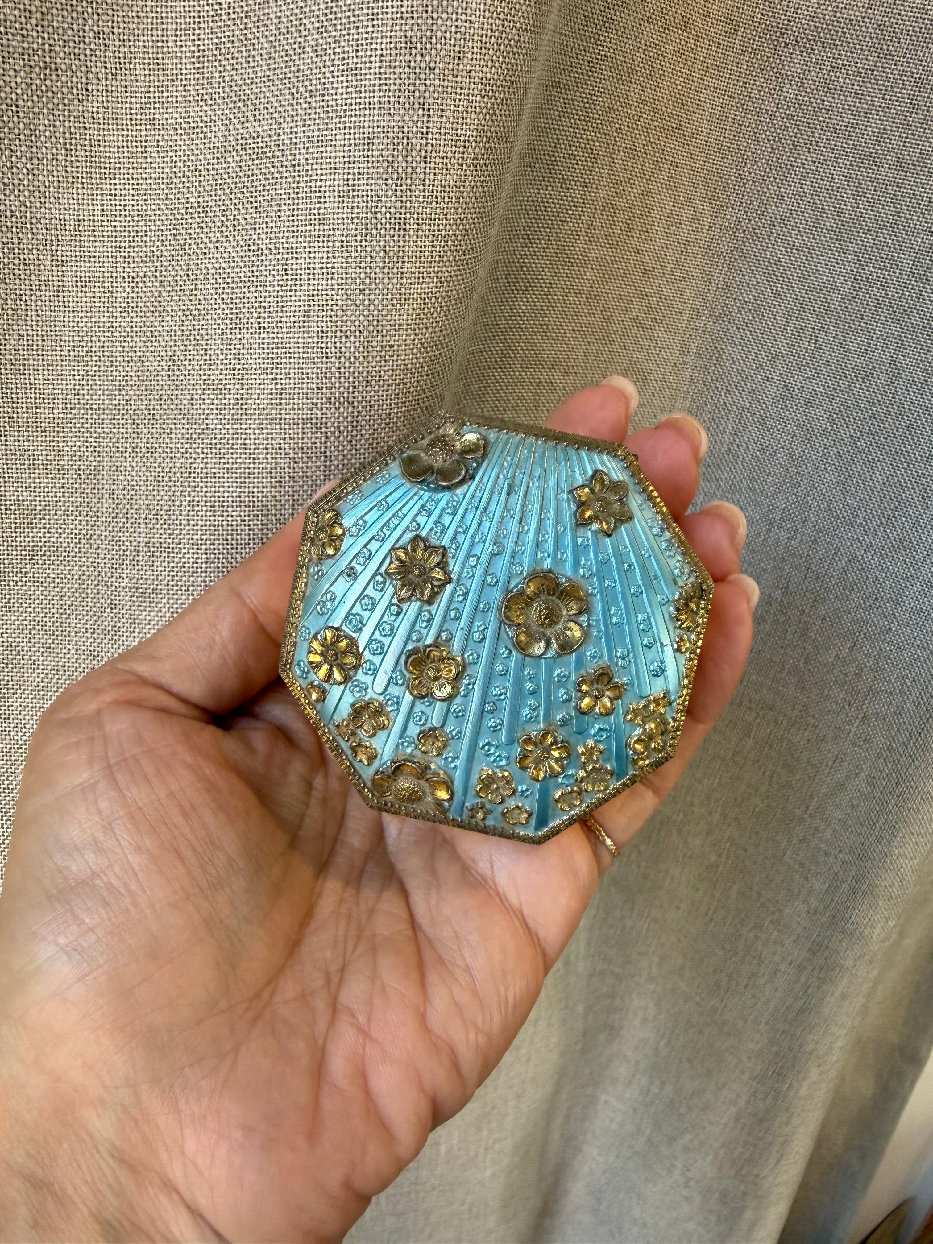 Vintage Gold-Tone Floral Trinket Box with Aqua Enamel Lid