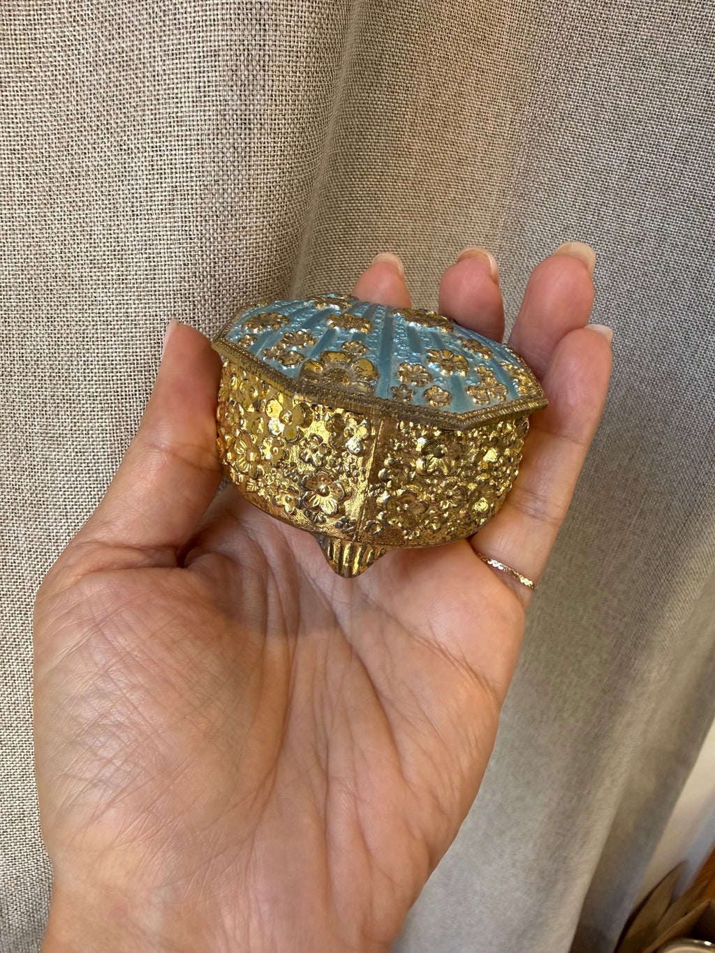 Vintage Gold-Tone Floral Trinket Box with Aqua Enamel Lid