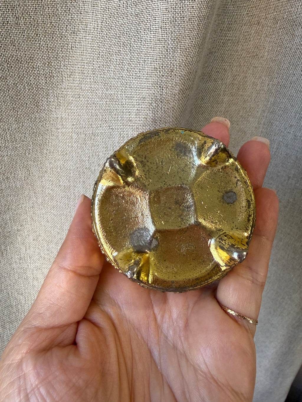 Vintage Gold-Tone Floral Trinket Box with Aqua Enamel Lid