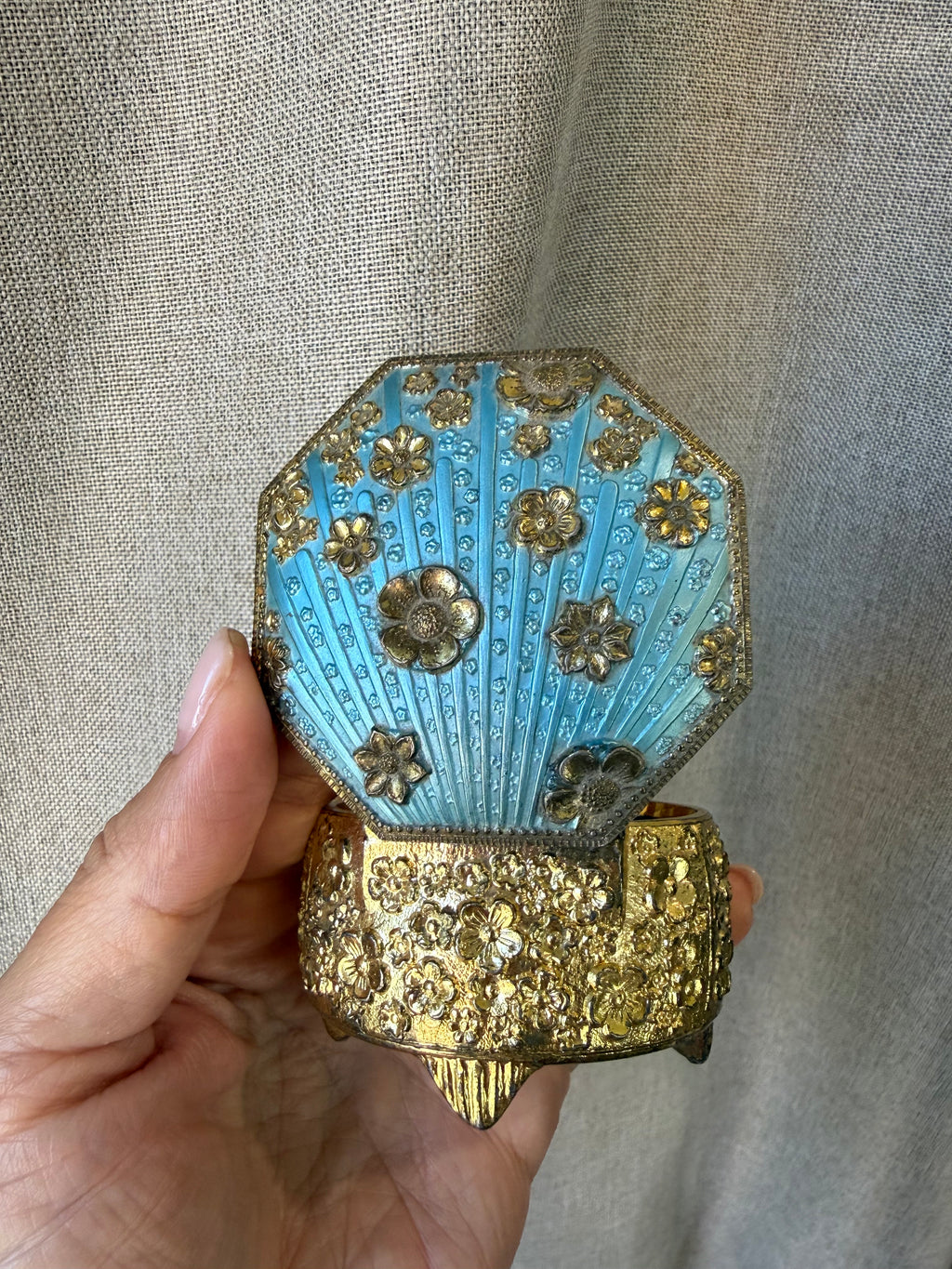 Vintage Gold-Tone Floral Trinket Box with Aqua Enamel Lid