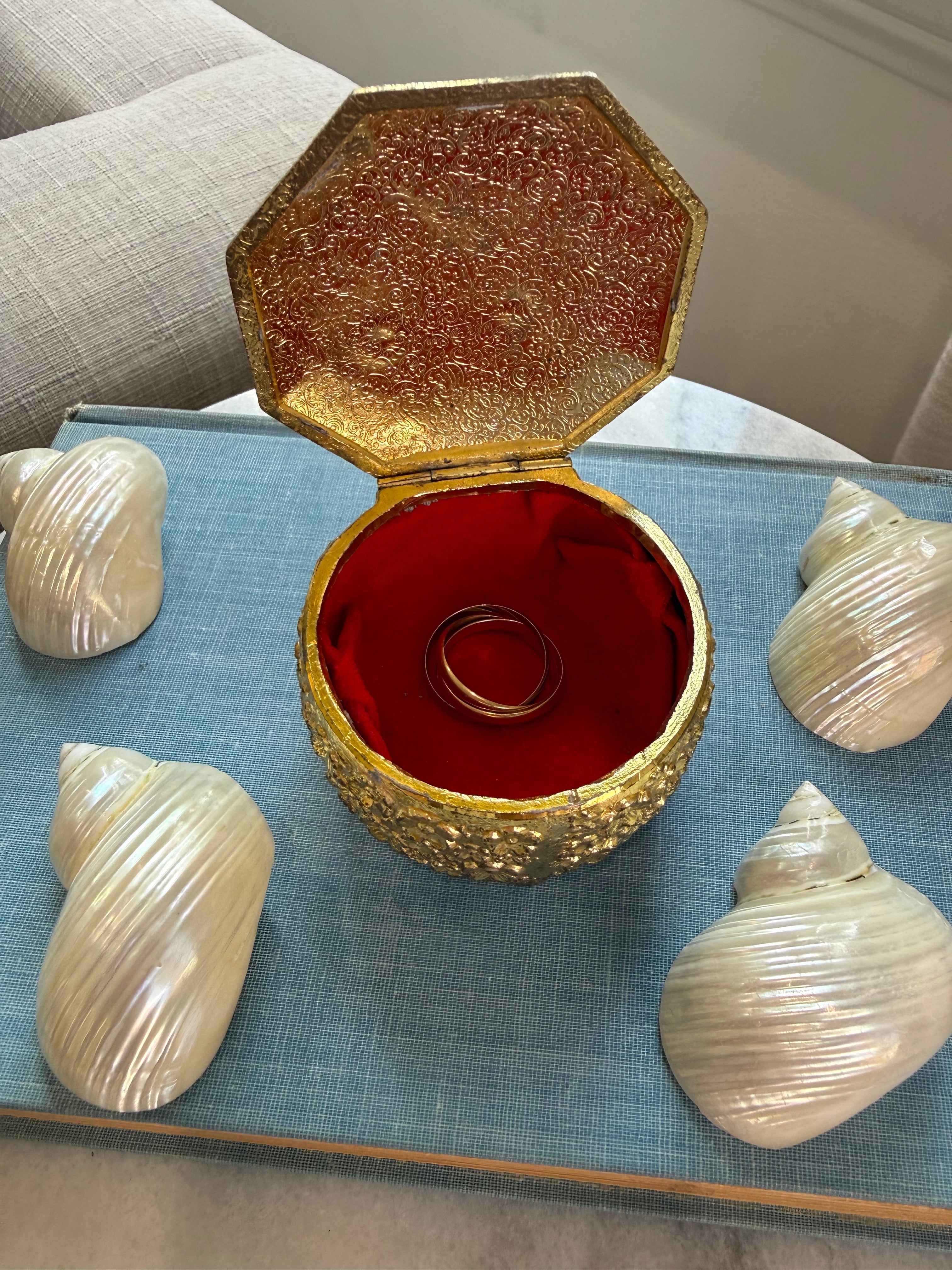 Vintage Gold-Tone Floral Trinket Box with Aqua Enamel Lid