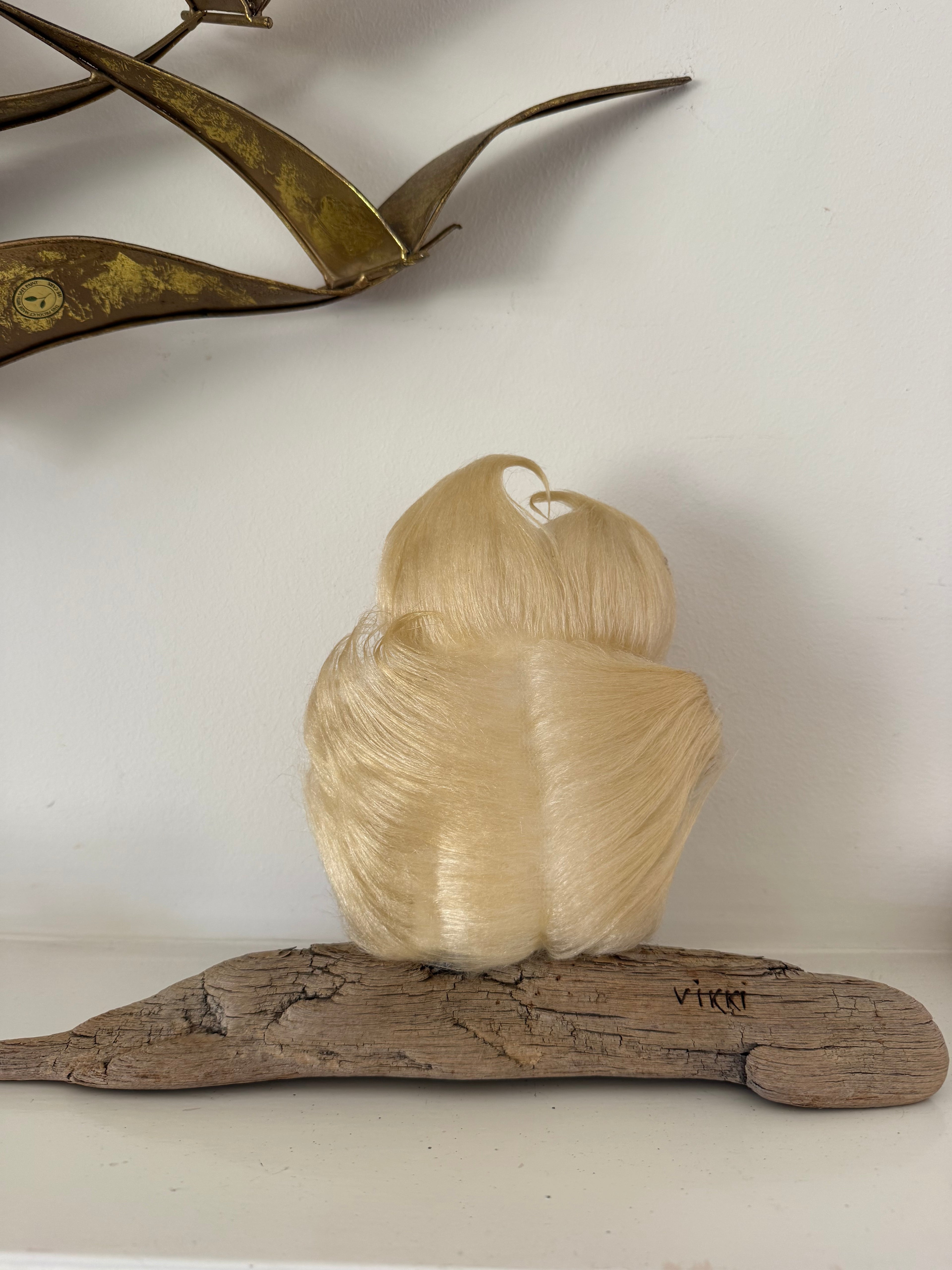 Vintage Signed Vikki MCM Woolly Owl on Driftwood 1970's