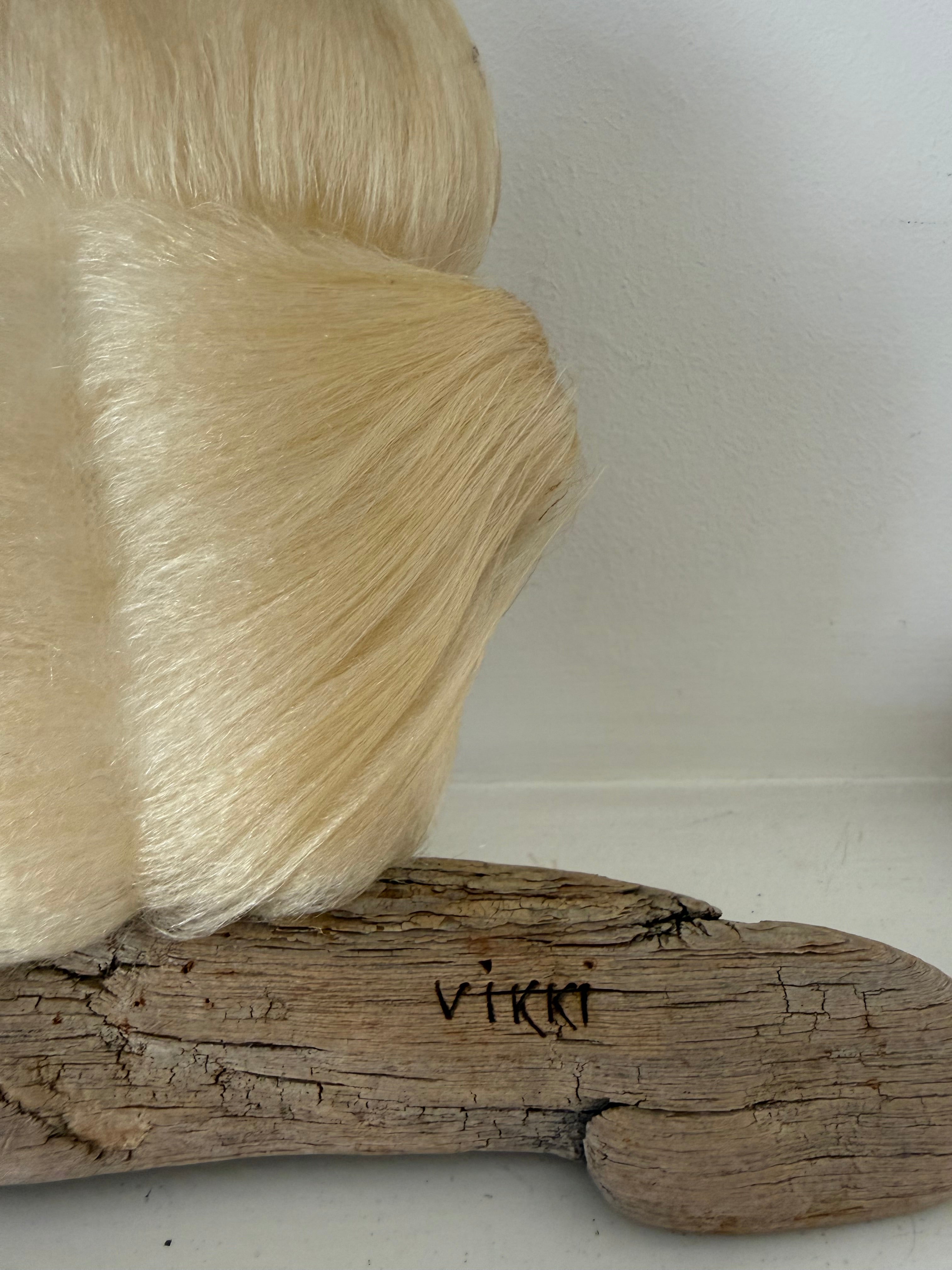 Vintage Signed Vikki MCM Woolly Owl on Driftwood 1970's