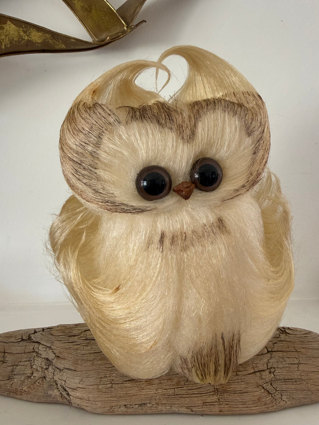 Vintage Signed Vikki MCM Woolly Owl on Driftwood 1970's