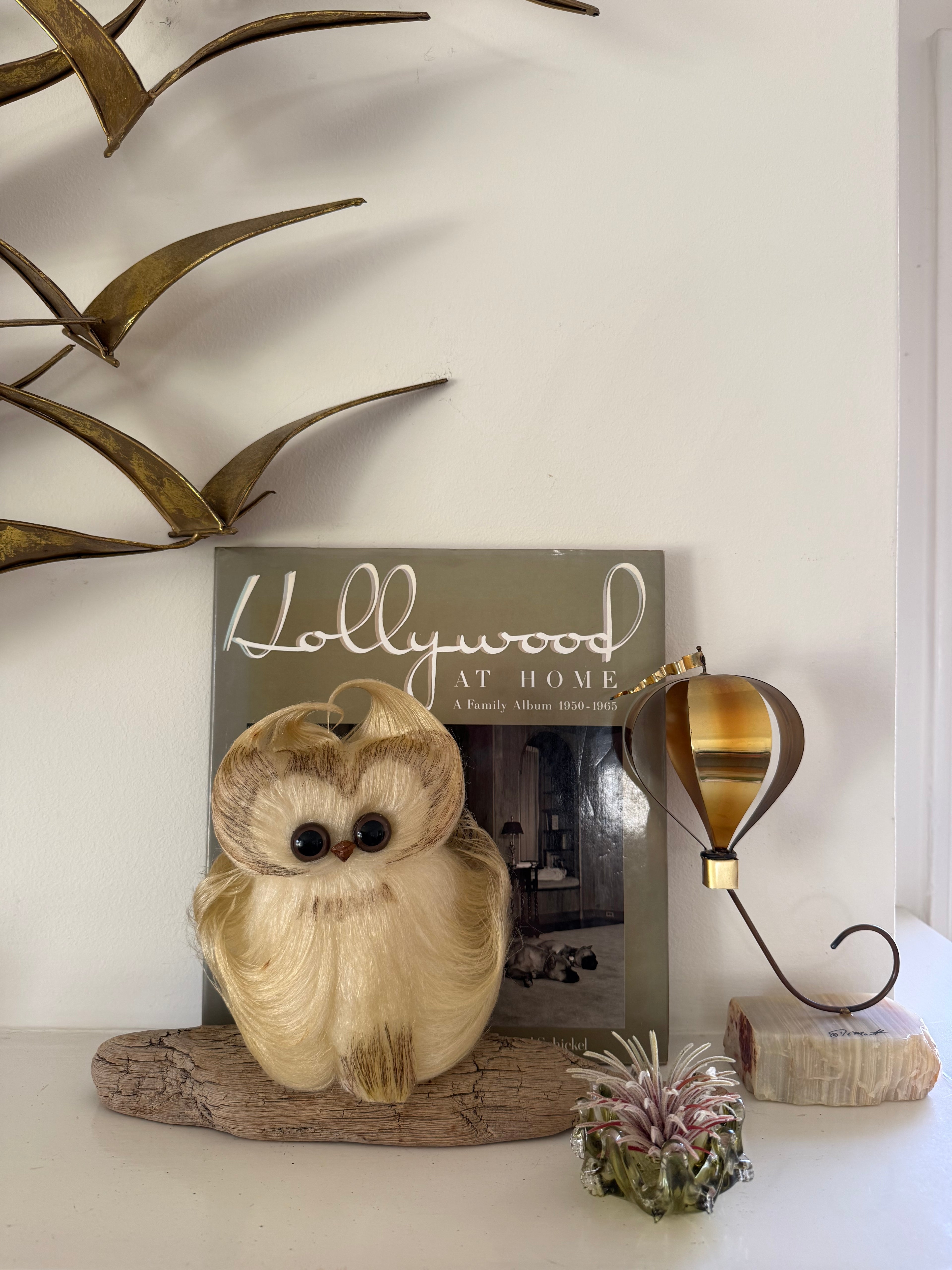 Vintage Signed Vikki MCM Woolly Owl on Driftwood 1970's