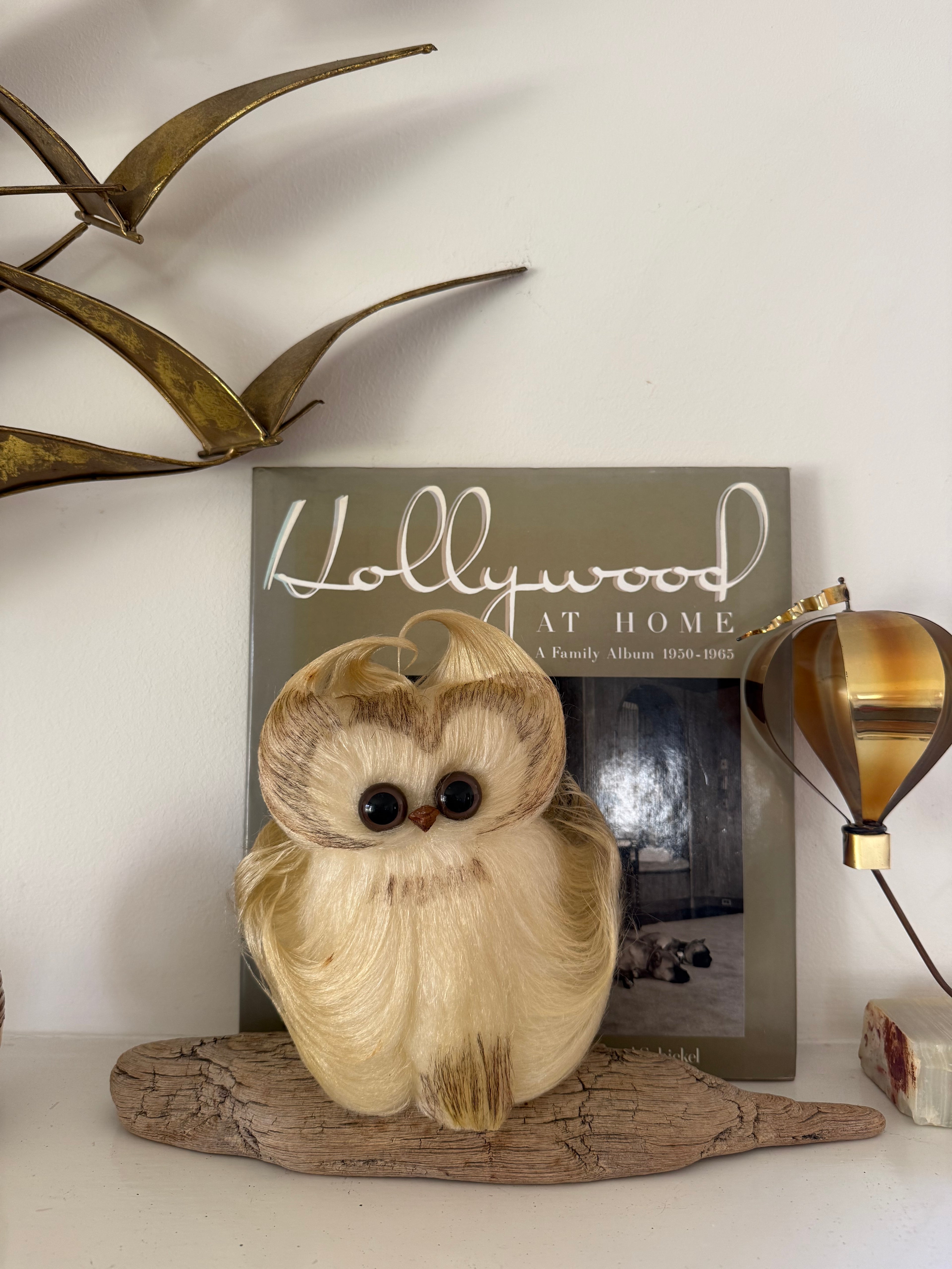Vintage Signed Vikki MCM Woolly Owl on Driftwood 1970's
